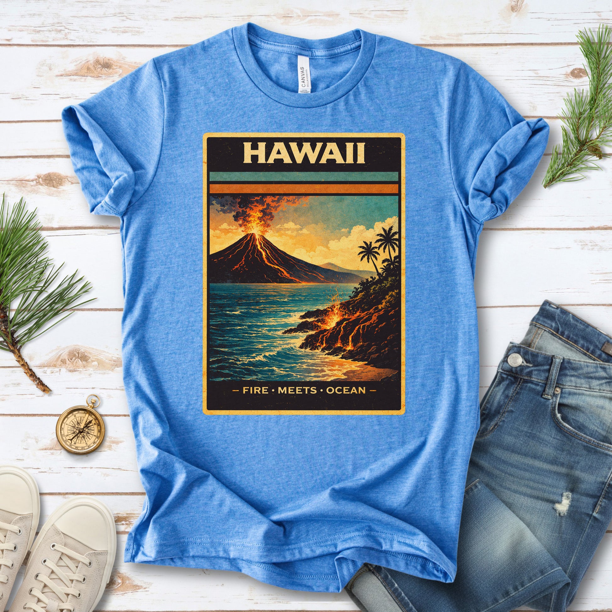 Hawaii Fire Meets Ocean Volcano Beach Adventure Vintage T-Shirt