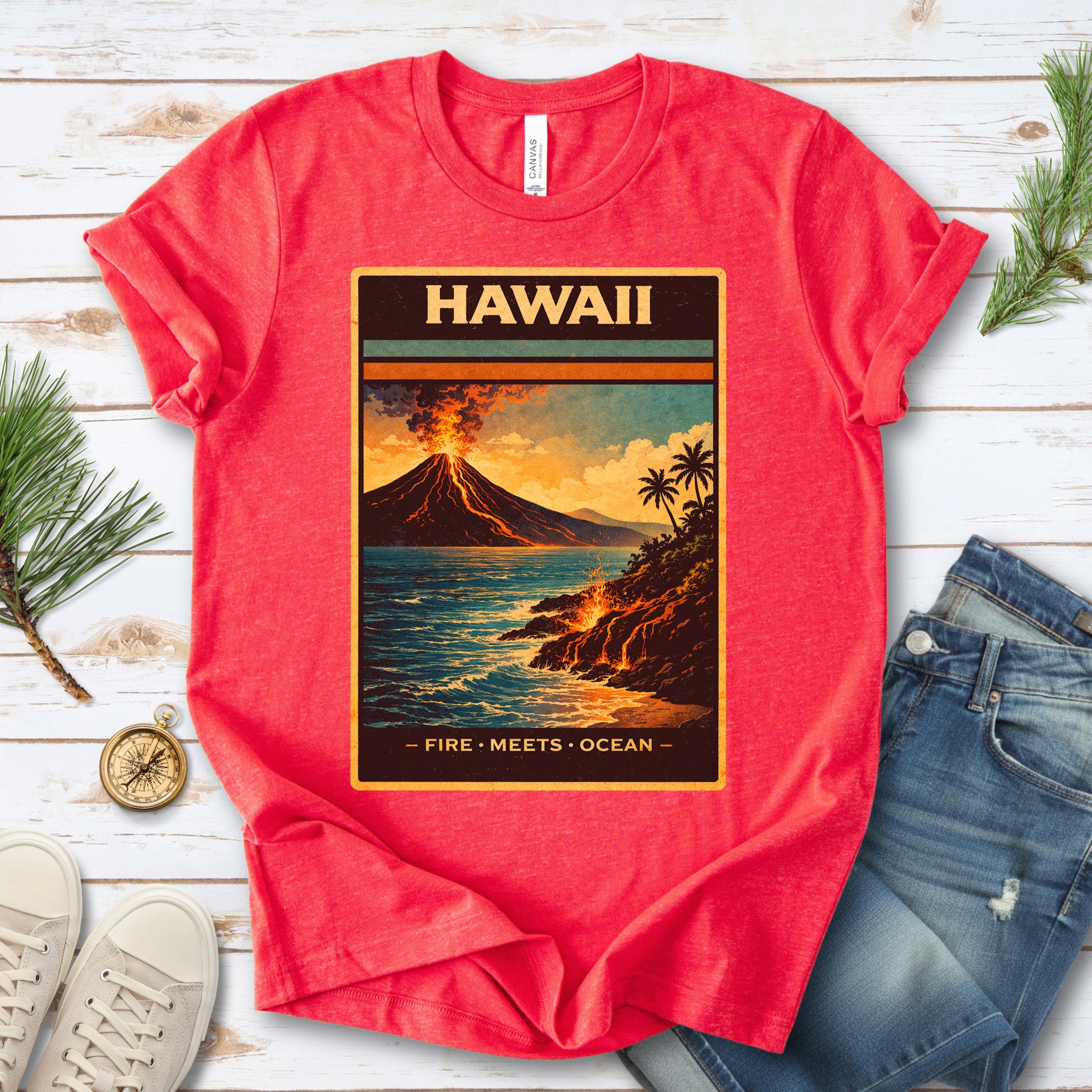 Hawaii Fire Meets Ocean Volcano Beach Adventure Vintage T-Shirt