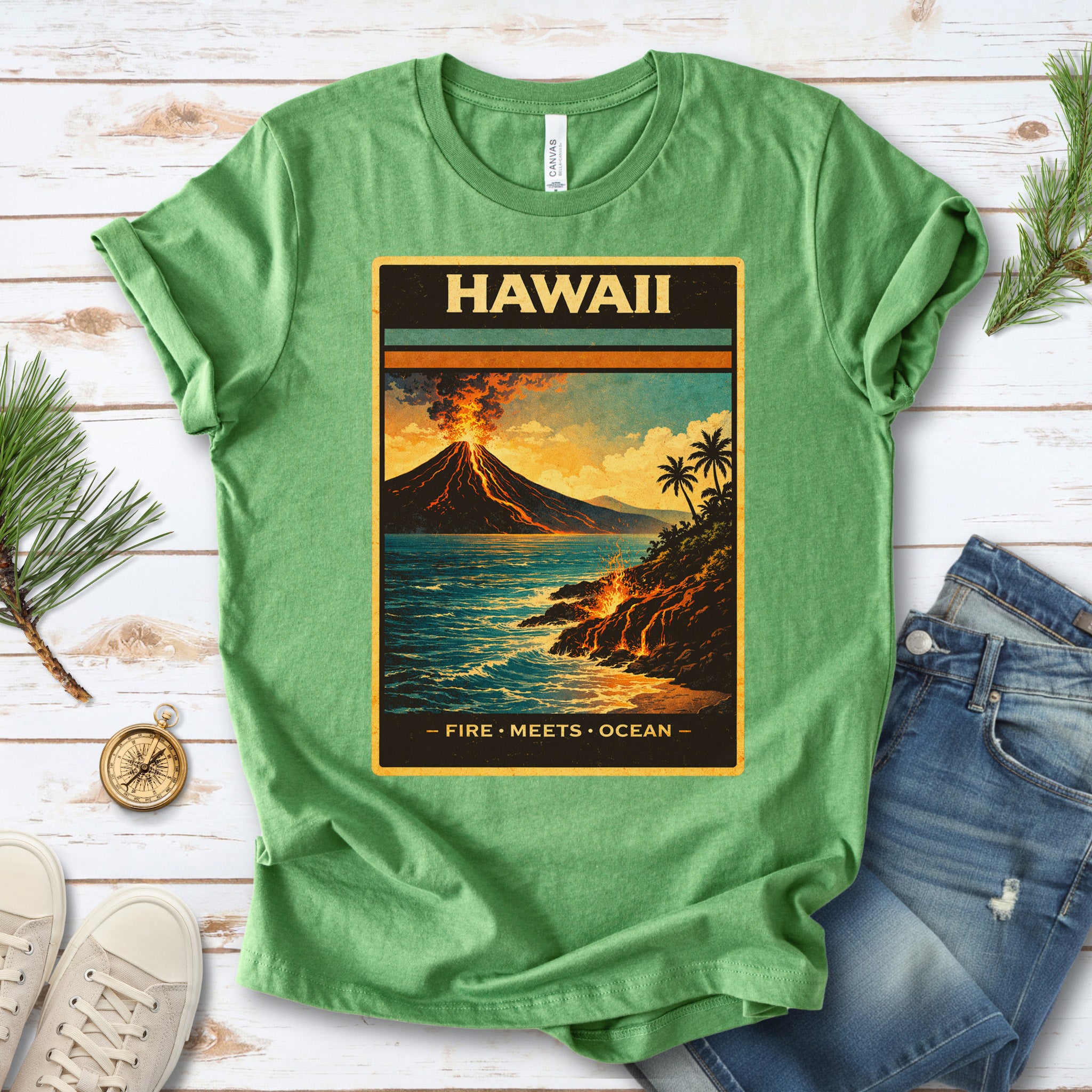 Hawaii Fire Meets Ocean Volcano Beach Adventure Vintage T-Shirt