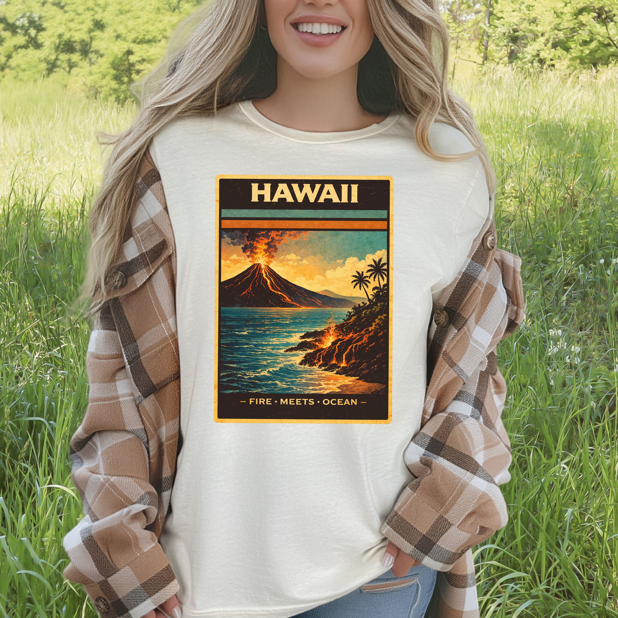 Hawaii Fire Meets Ocean Volcano Beach Adventure Vintage T-Shirt