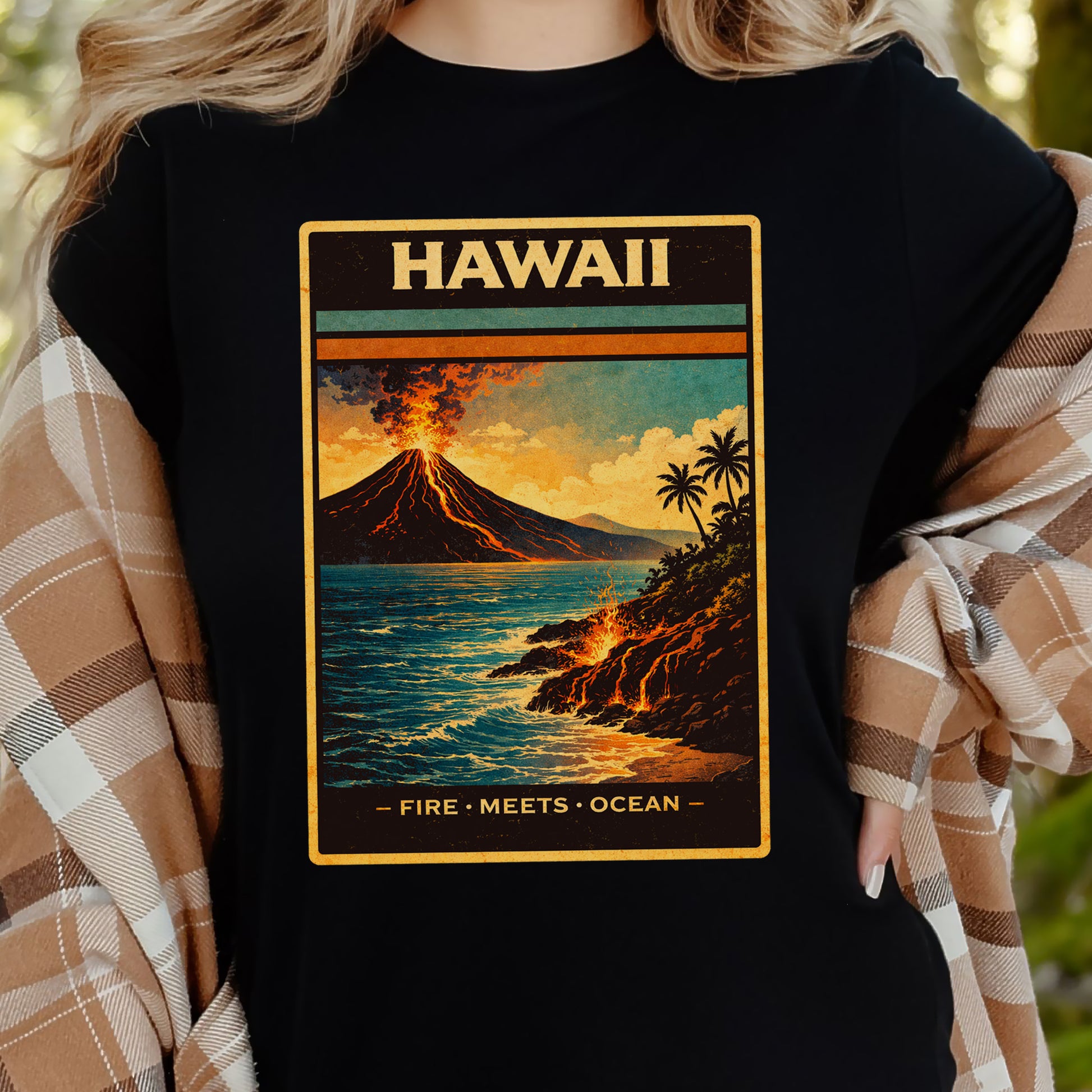 Hawaii Fire Meets Ocean Volcano Beach Adventure Vintage T-Shirt
