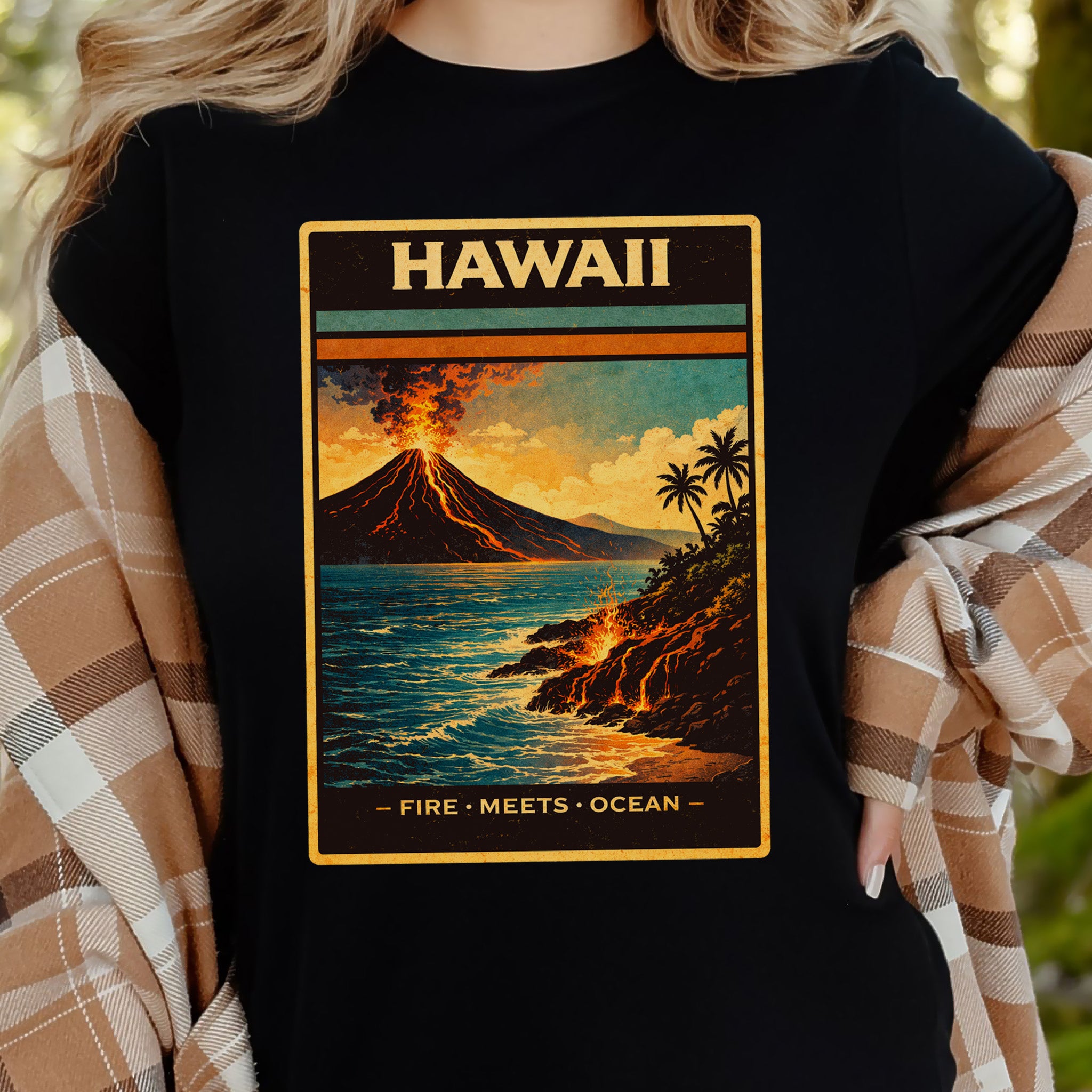 Hawaii Fire Meets Ocean Volcano Beach Adventure Vintage T-Shirt