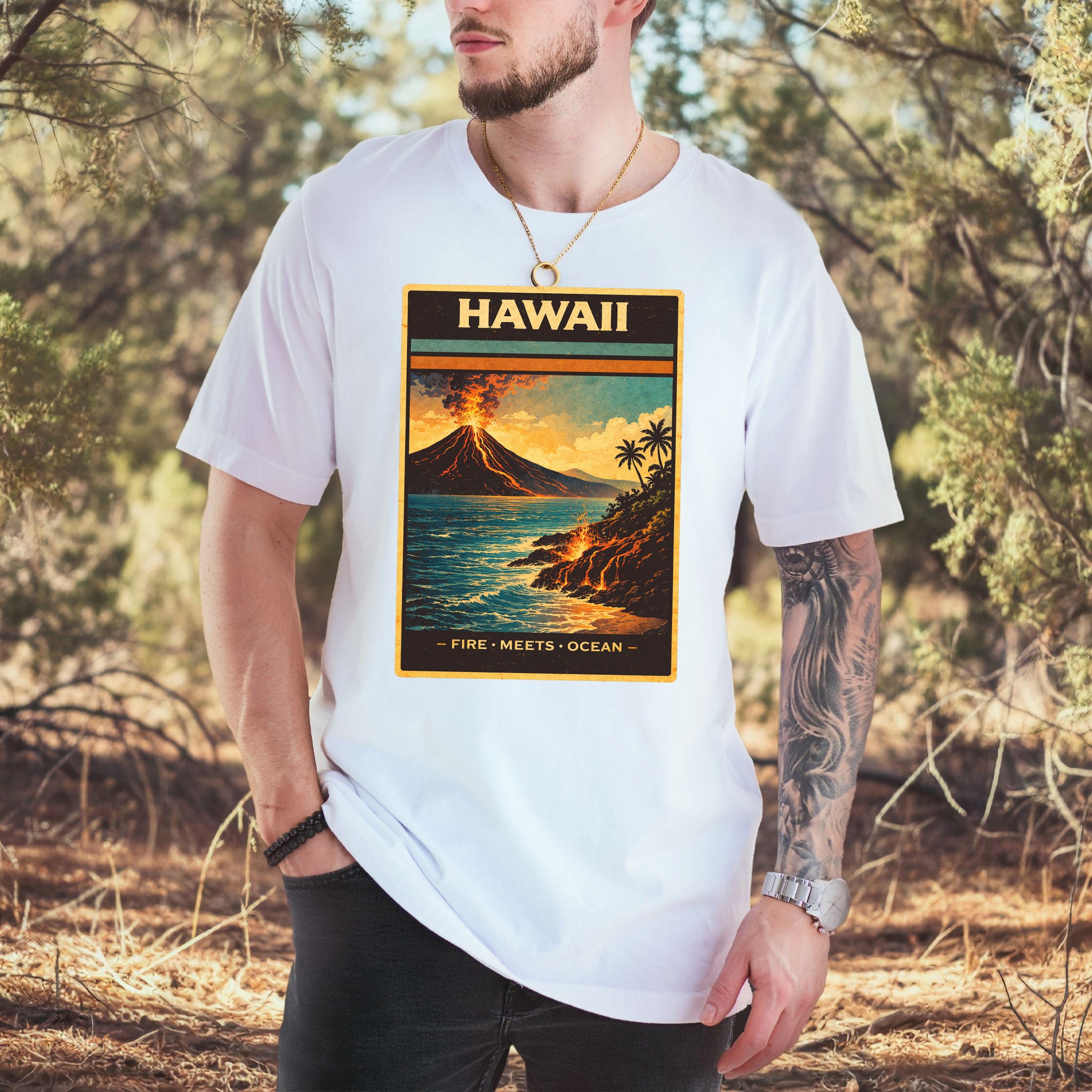 Hawaii Fire Meets Ocean Volcano Beach Adventure Vintage T-Shirt