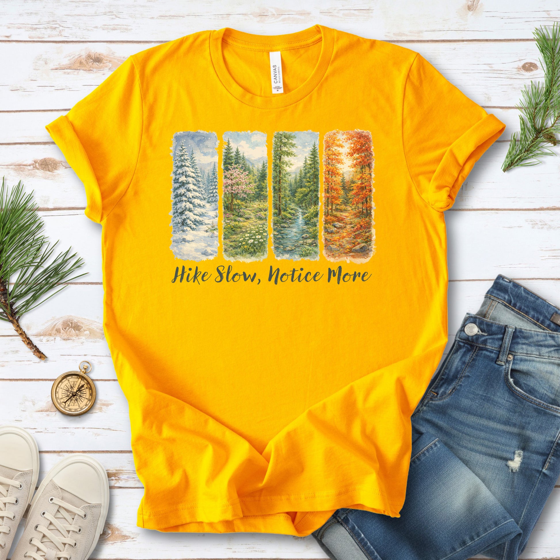 Hike Slow Notice More Botanical Panel T-Shirt – Seasonal Forest Art