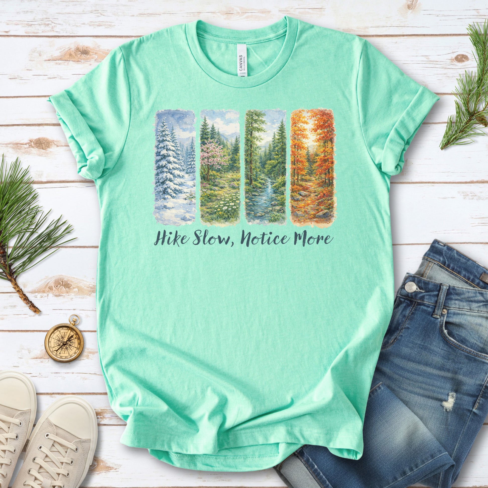 Hike Slow Notice More Botanical Panel T-Shirt – Seasonal Forest Art