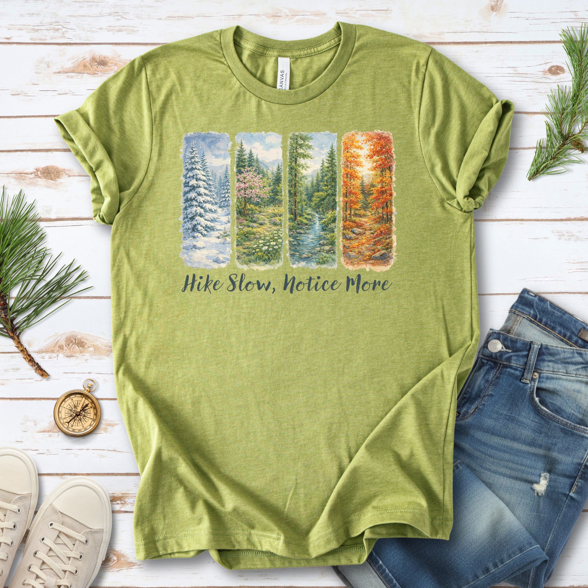Hike Slow Notice More Botanical Panel T-Shirt – Seasonal Forest Art