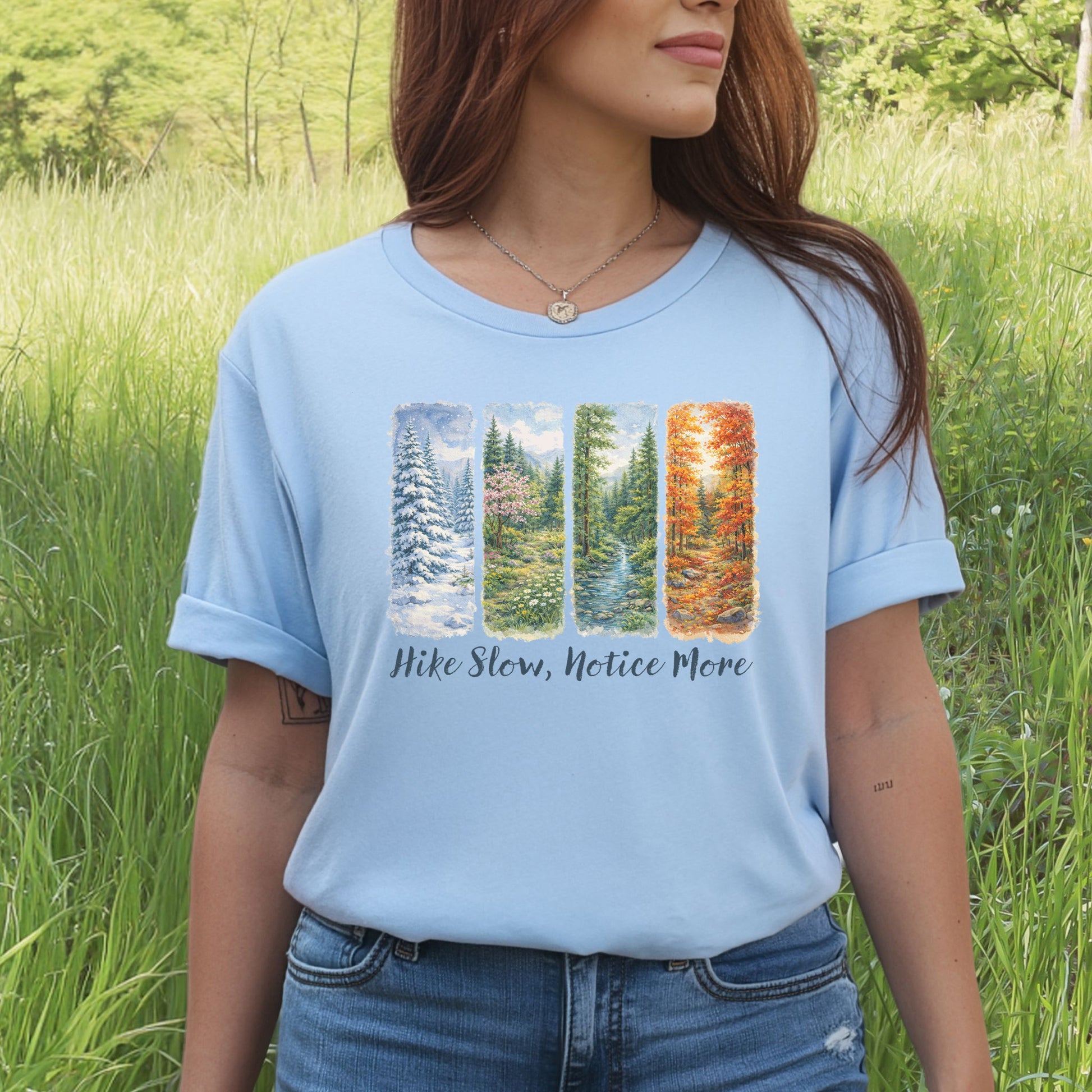 Hike Slow Notice More Botanical Panel T-Shirt – Seasonal Forest Art