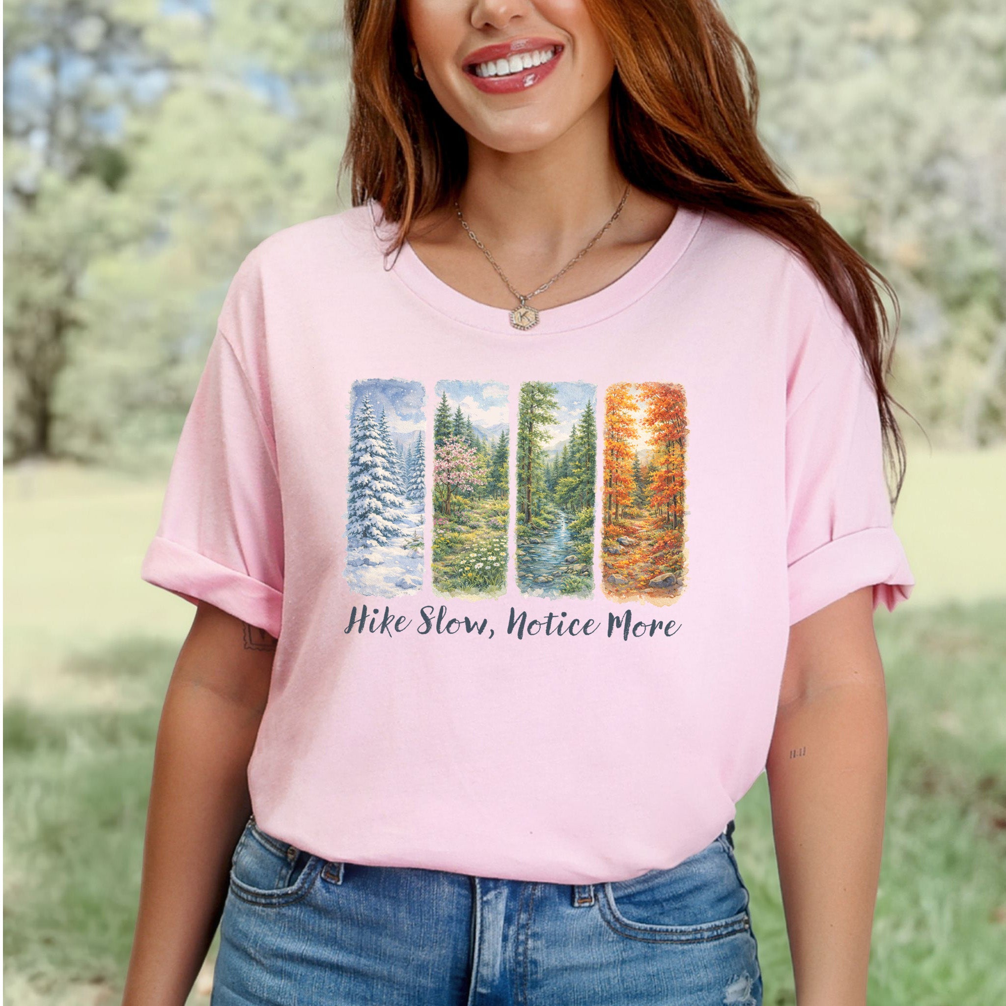 Hike Slow Notice More Botanical Panel T-Shirt – Seasonal Forest Art