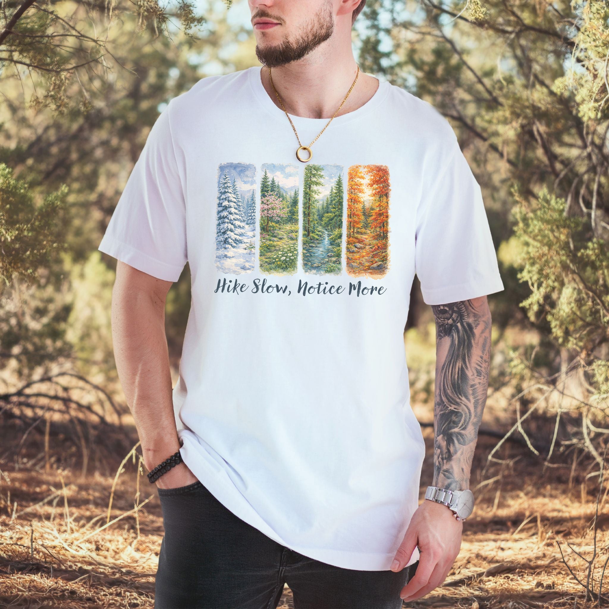 Hike Slow Notice More Botanical Panel T-Shirt – Seasonal Forest Art