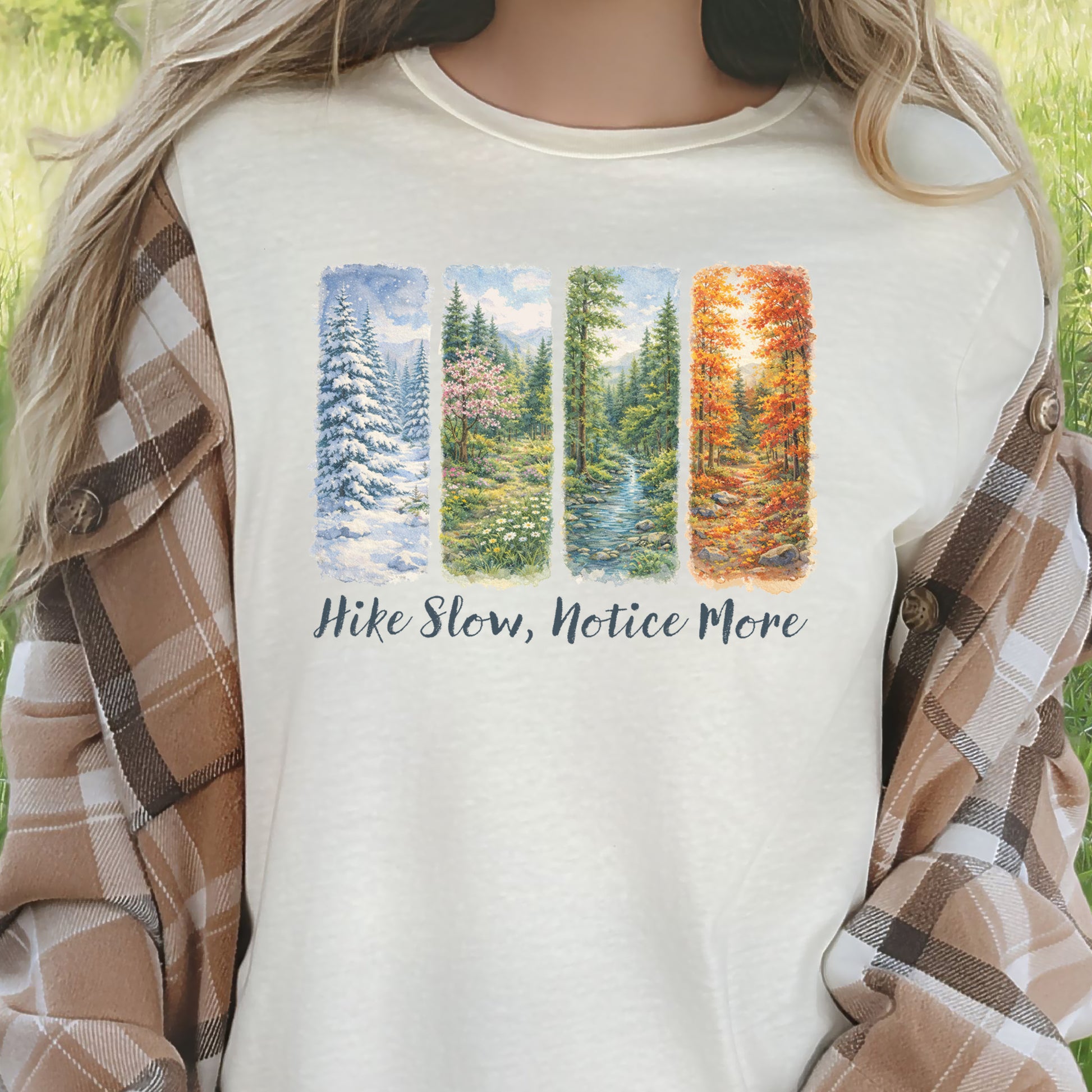 Hike Slow Notice More Botanical Panel T-Shirt – Seasonal Forest Art