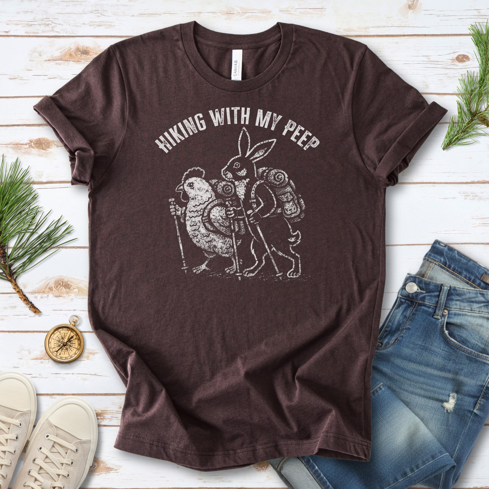 Hiking With My Peep T-Shirt Funny Easter Bunny Chicken Hiking Gift