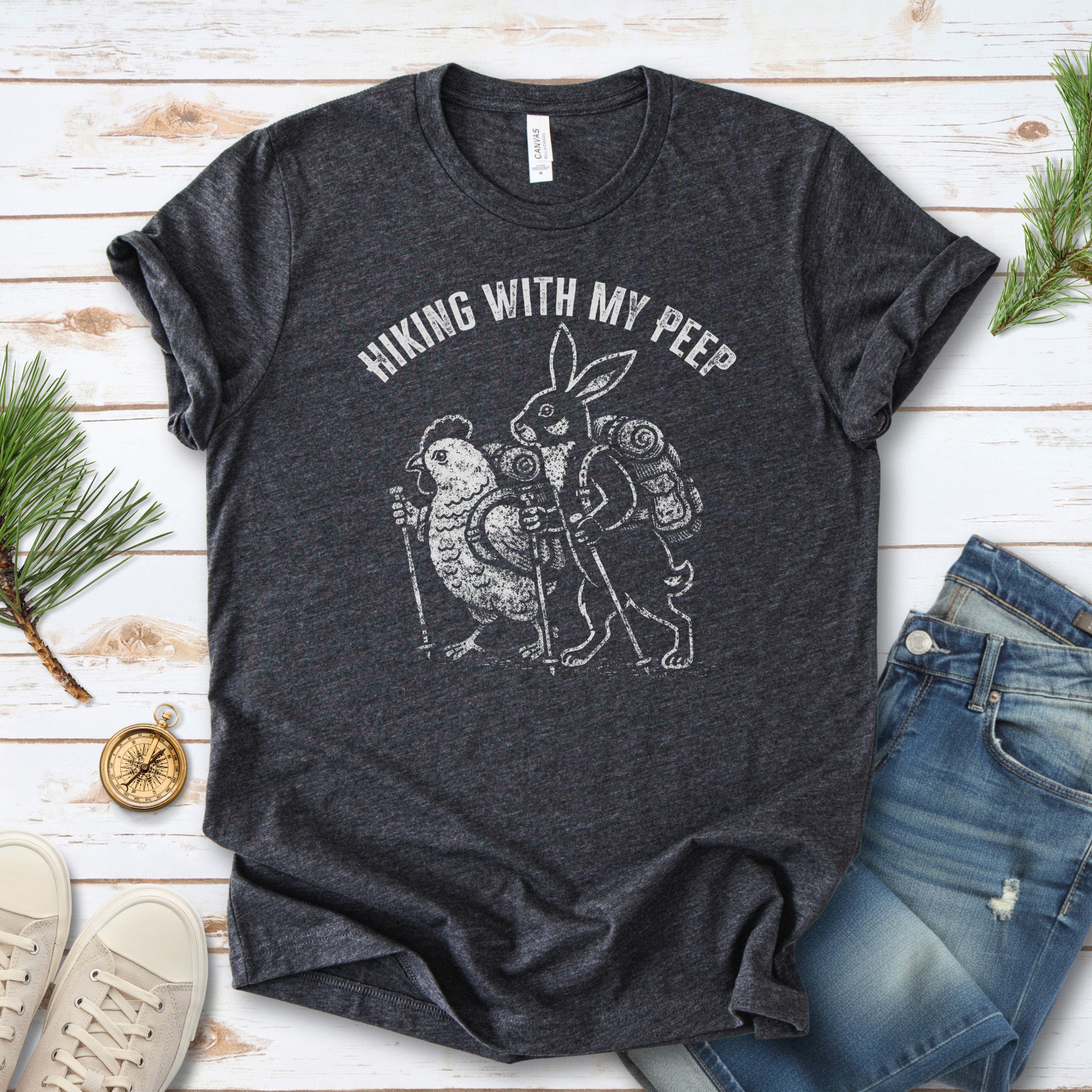 Hiking With My Peep T-Shirt Funny Easter Bunny Chicken Hiking Gift