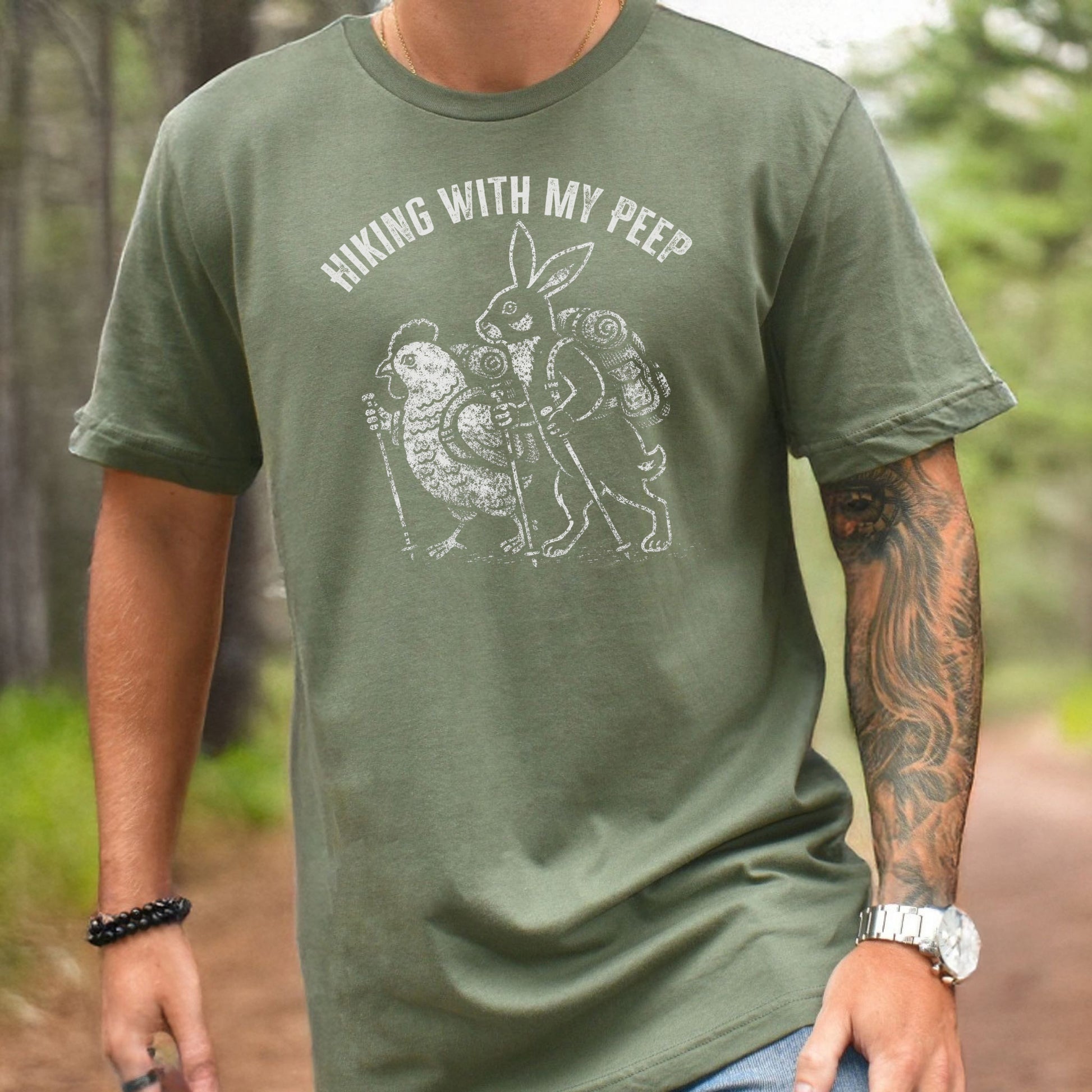 Hiking With My Peep T-Shirt Funny Easter Bunny Chicken Hiking Gift