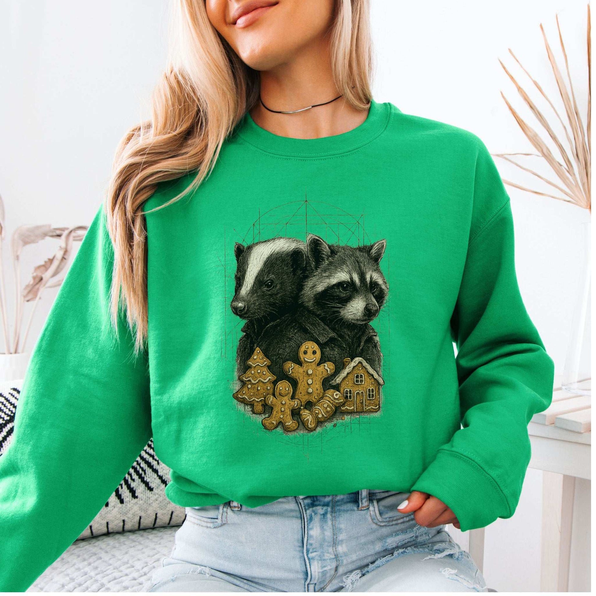 Skunk & Raccoon Christmas Sweatshirt – Gingerbread Mischief & Forest Charm