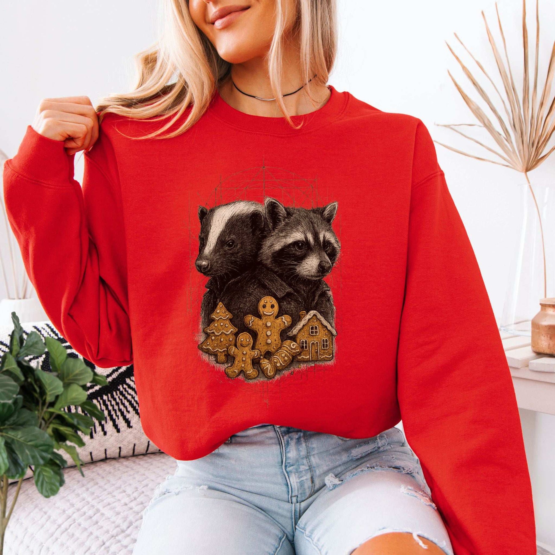 Skunk & Raccoon Christmas Sweatshirt – Gingerbread Mischief & Forest Charm