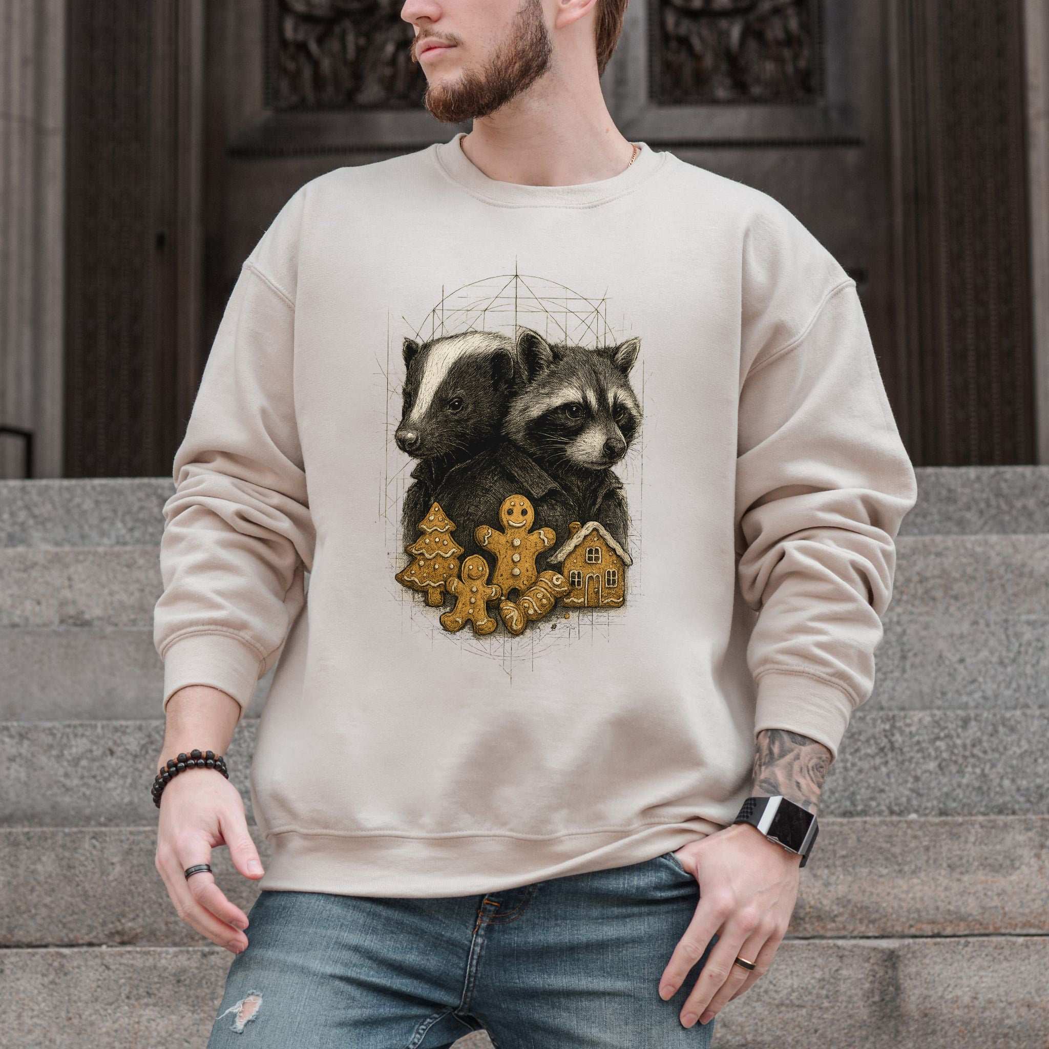 Skunk & Raccoon Christmas Sweatshirt – Gingerbread Mischief & Forest Charm