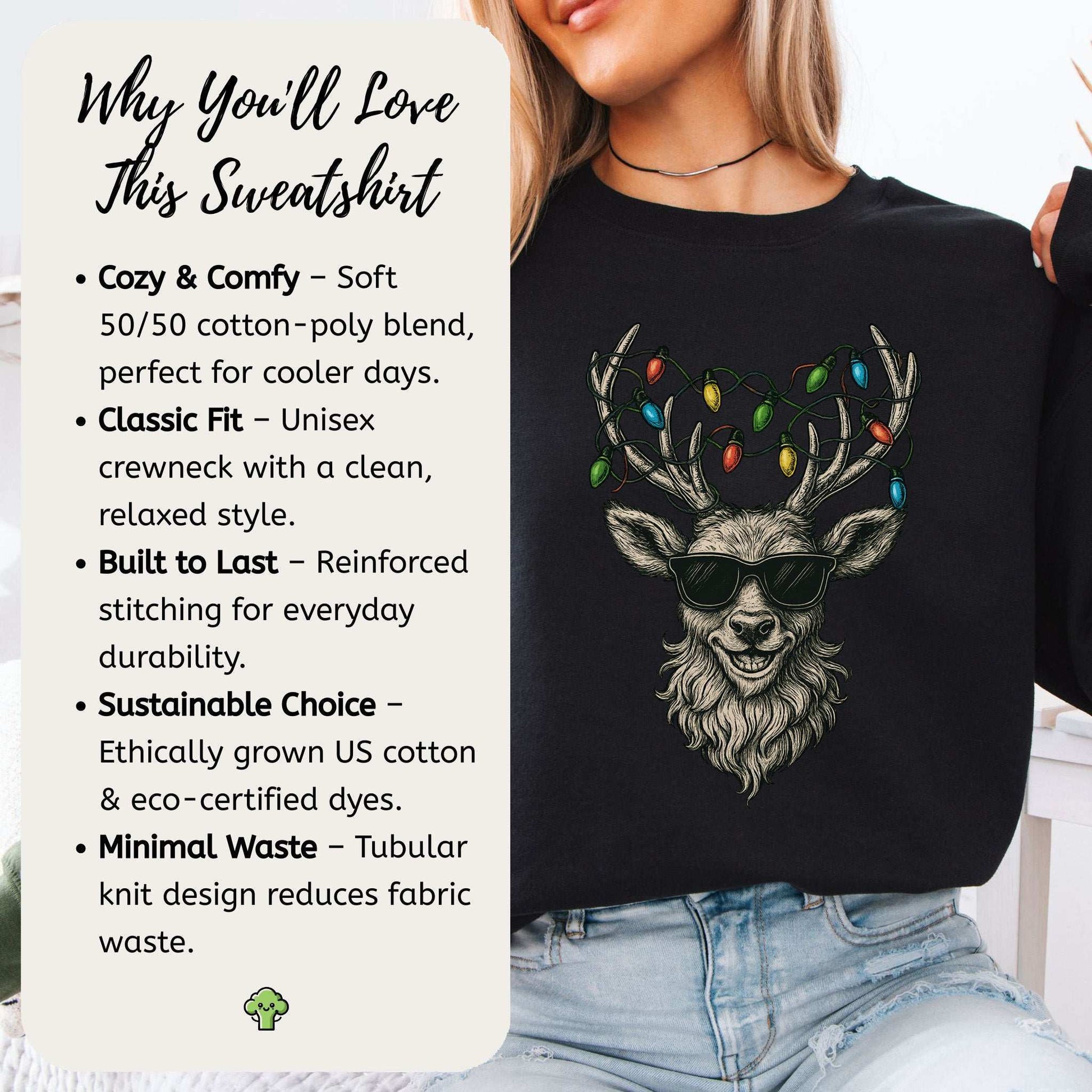 Cool Reindeer Christmas Sweatshirt – Antlers with Holiday Lights & Attitude