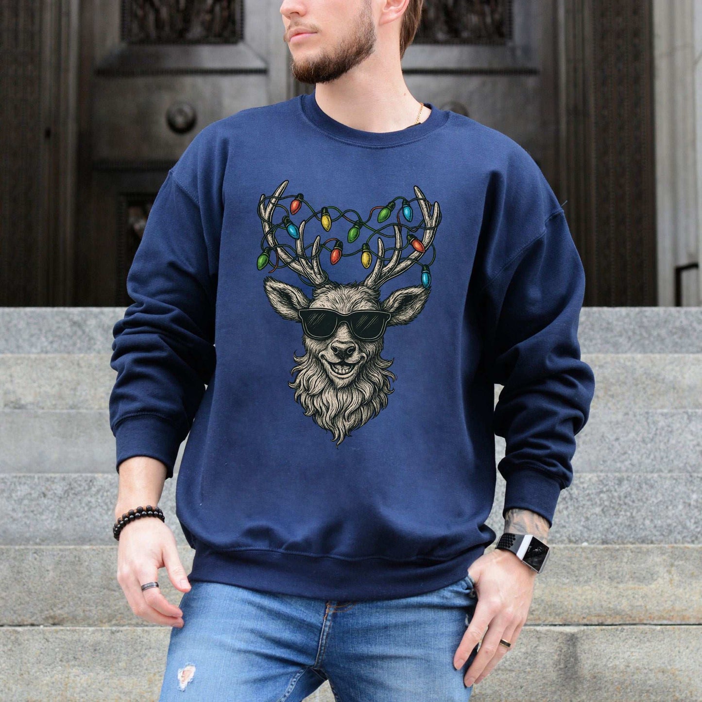 Cool Reindeer Christmas Sweatshirt – Antlers with Holiday Lights & Attitude