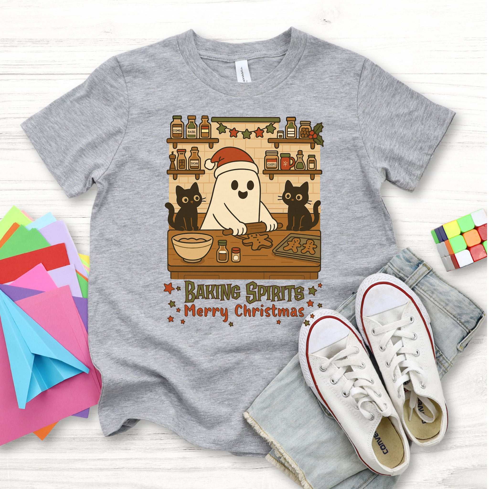 Baking Spirits Ghost & Cats Youth T-Shirt – Gingerbread Mischief