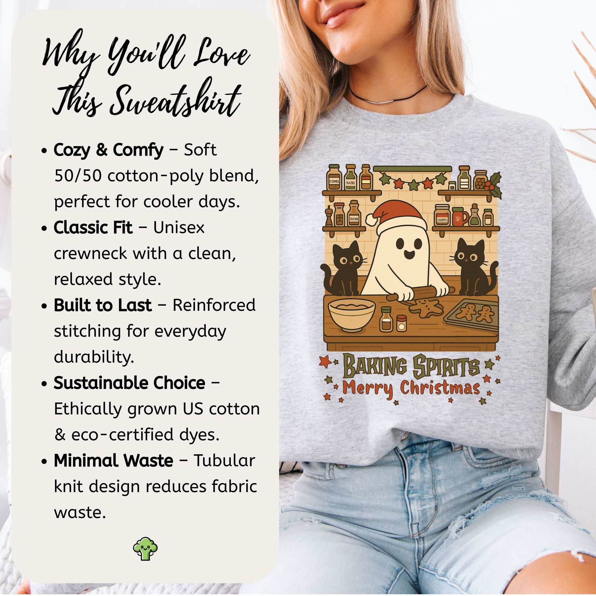 Baking Spirits Ghost & Cats Sweatshirt – Cute Gingerbread Christmas Vibes