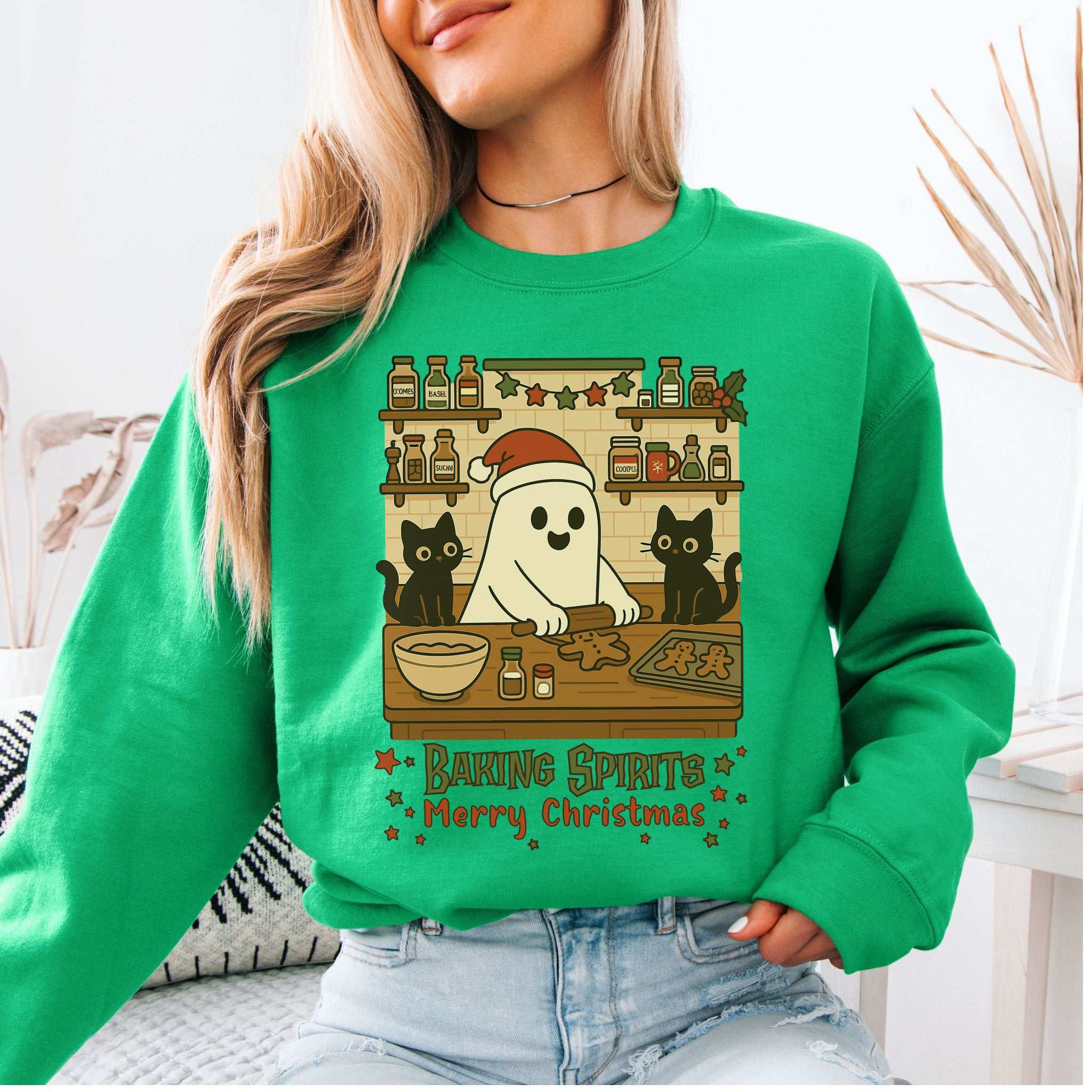 Baking Spirits Ghost & Cats Sweatshirt – Cute Gingerbread Christmas Vibes