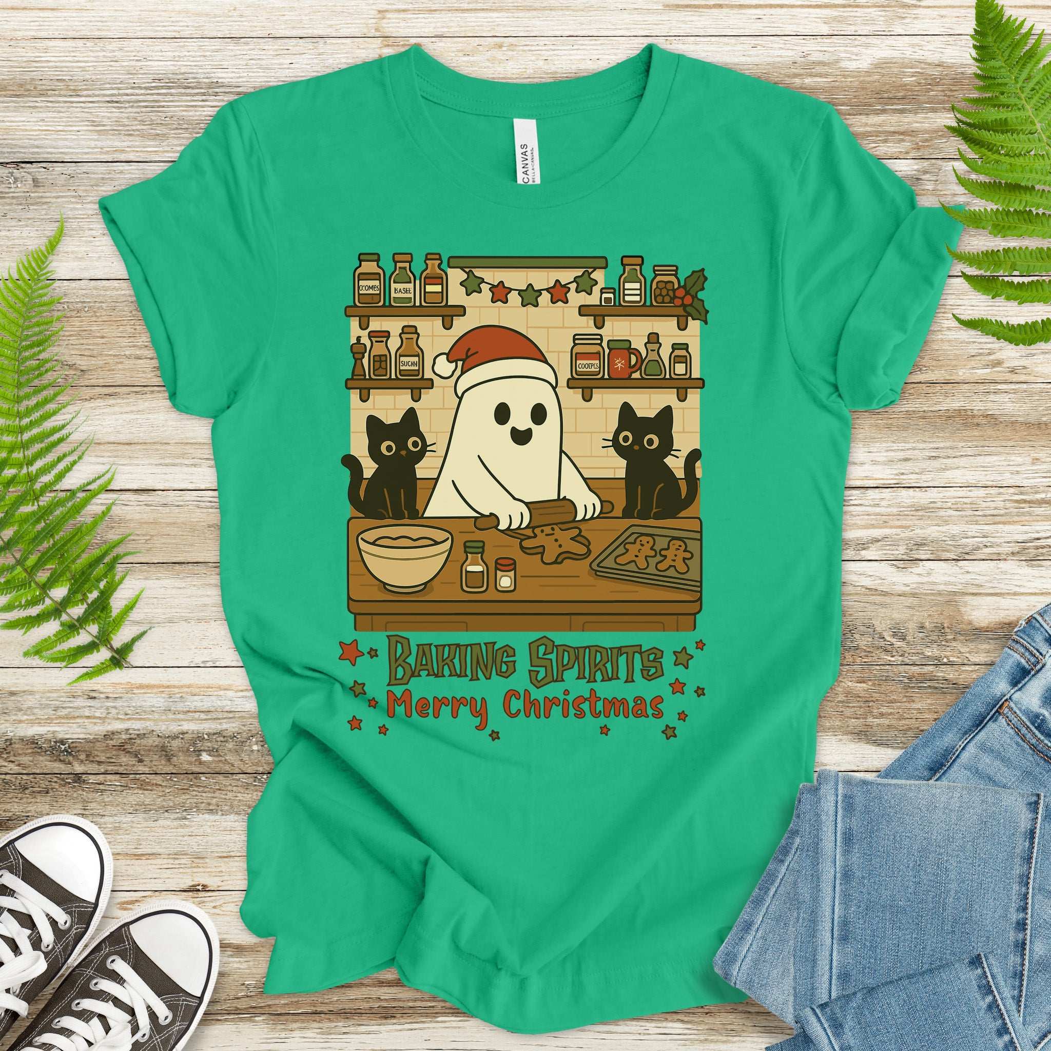 Baking Spirits Ghost & Cats T-Shirt – Cute Gingerbread Christmas Tee