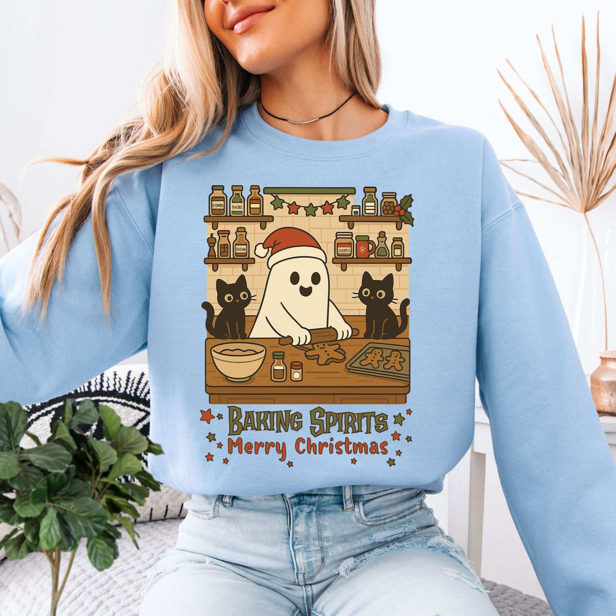 Baking Spirits Ghost & Cats Sweatshirt – Cute Gingerbread Christmas Vibes