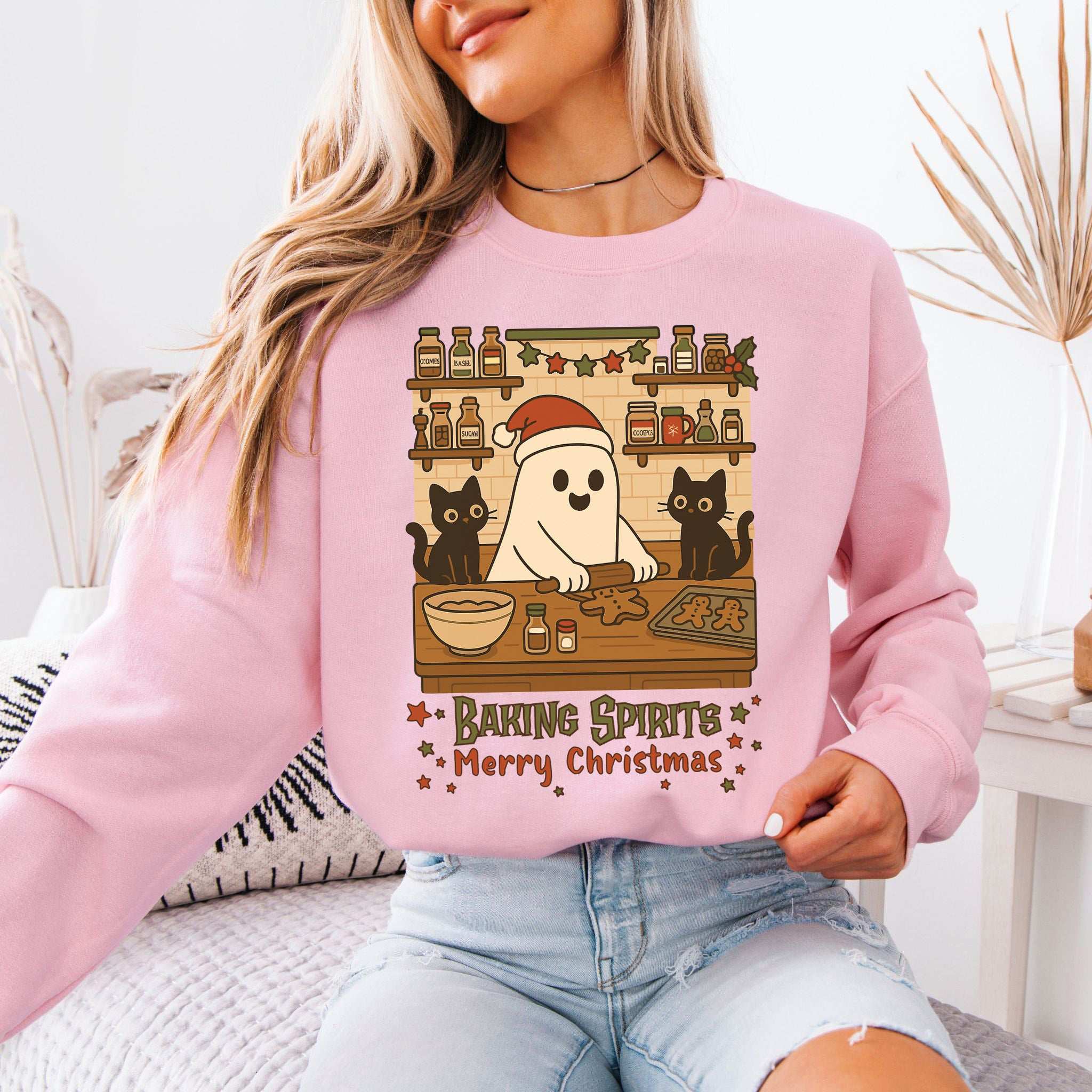 Baking Spirits Ghost & Cats Sweatshirt – Cute Gingerbread Christmas Vibes