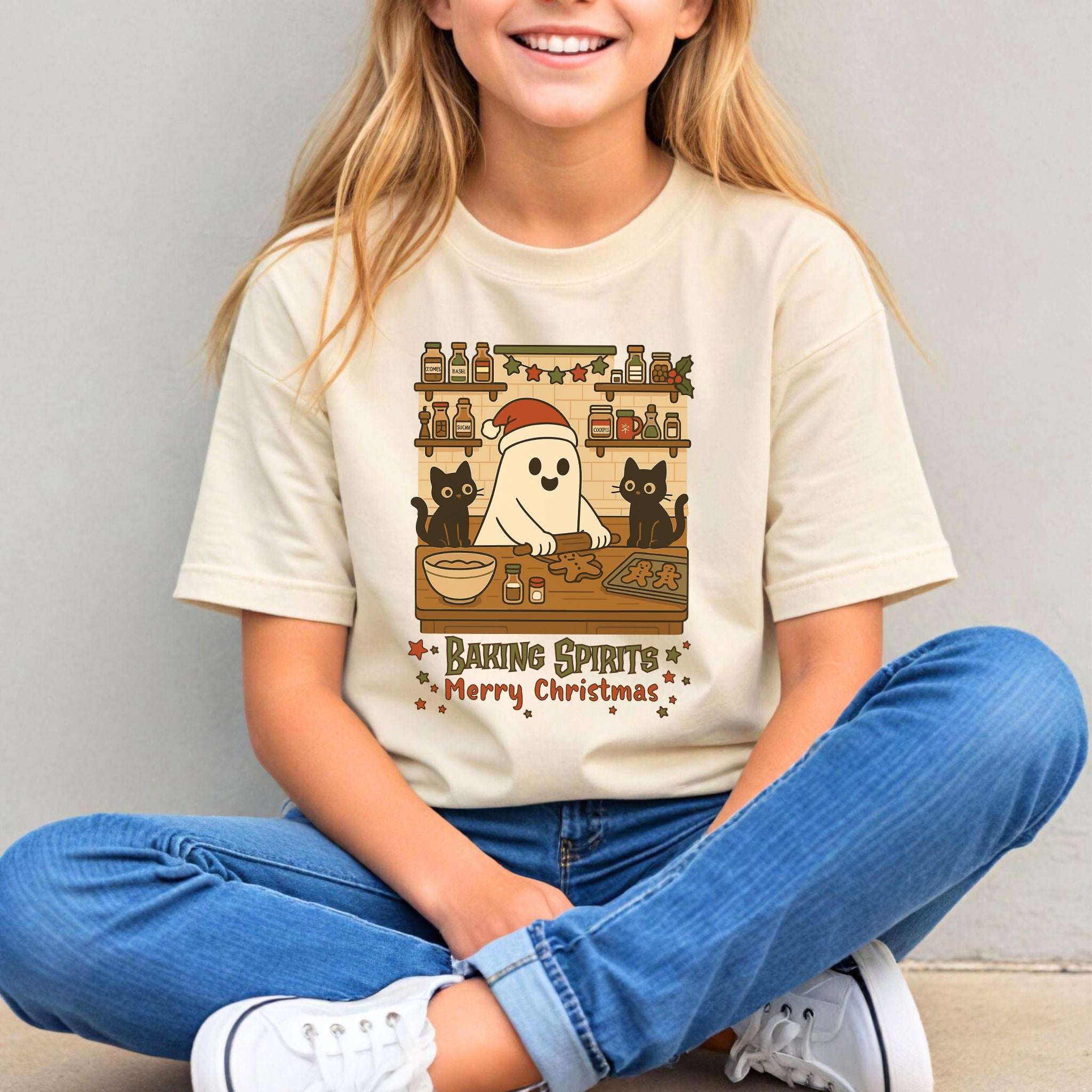 Baking Spirits Ghost & Cats Youth T-Shirt – Gingerbread Mischief