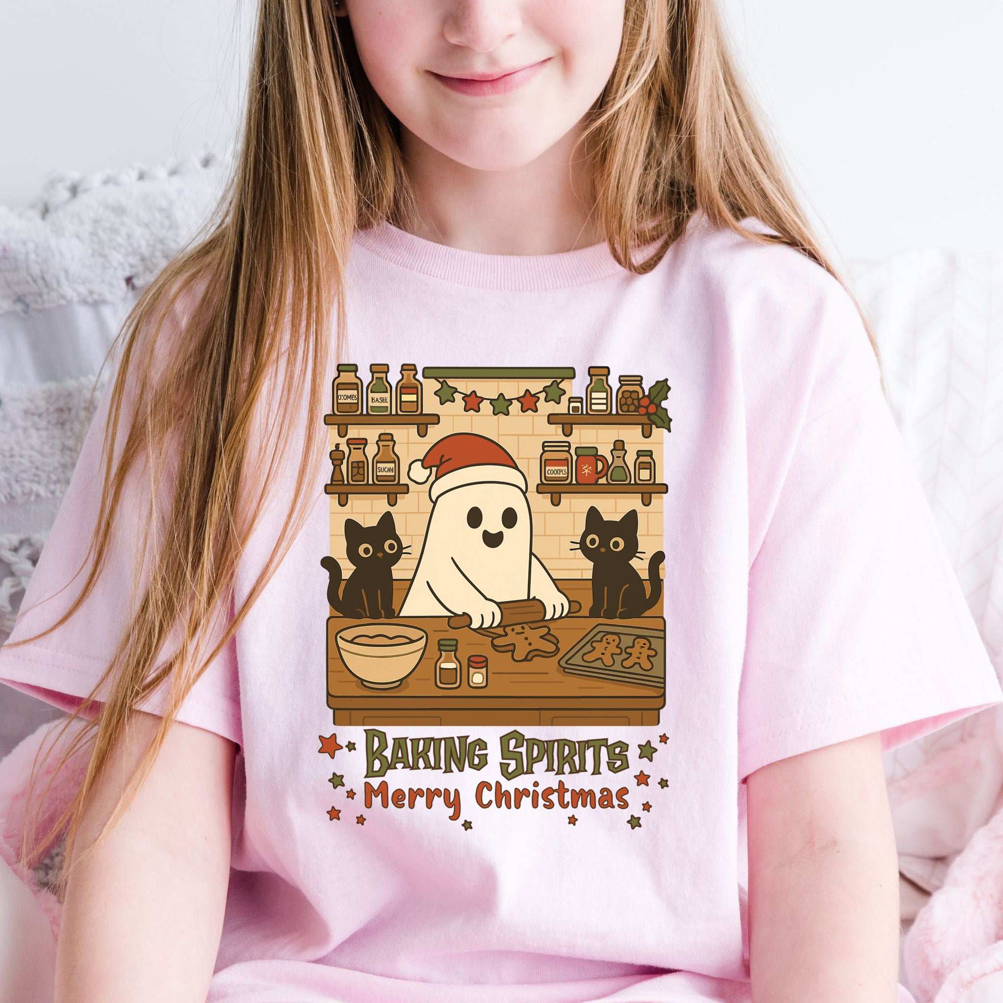 Baking Spirits Ghost & Cats Youth T-Shirt – Gingerbread Mischief