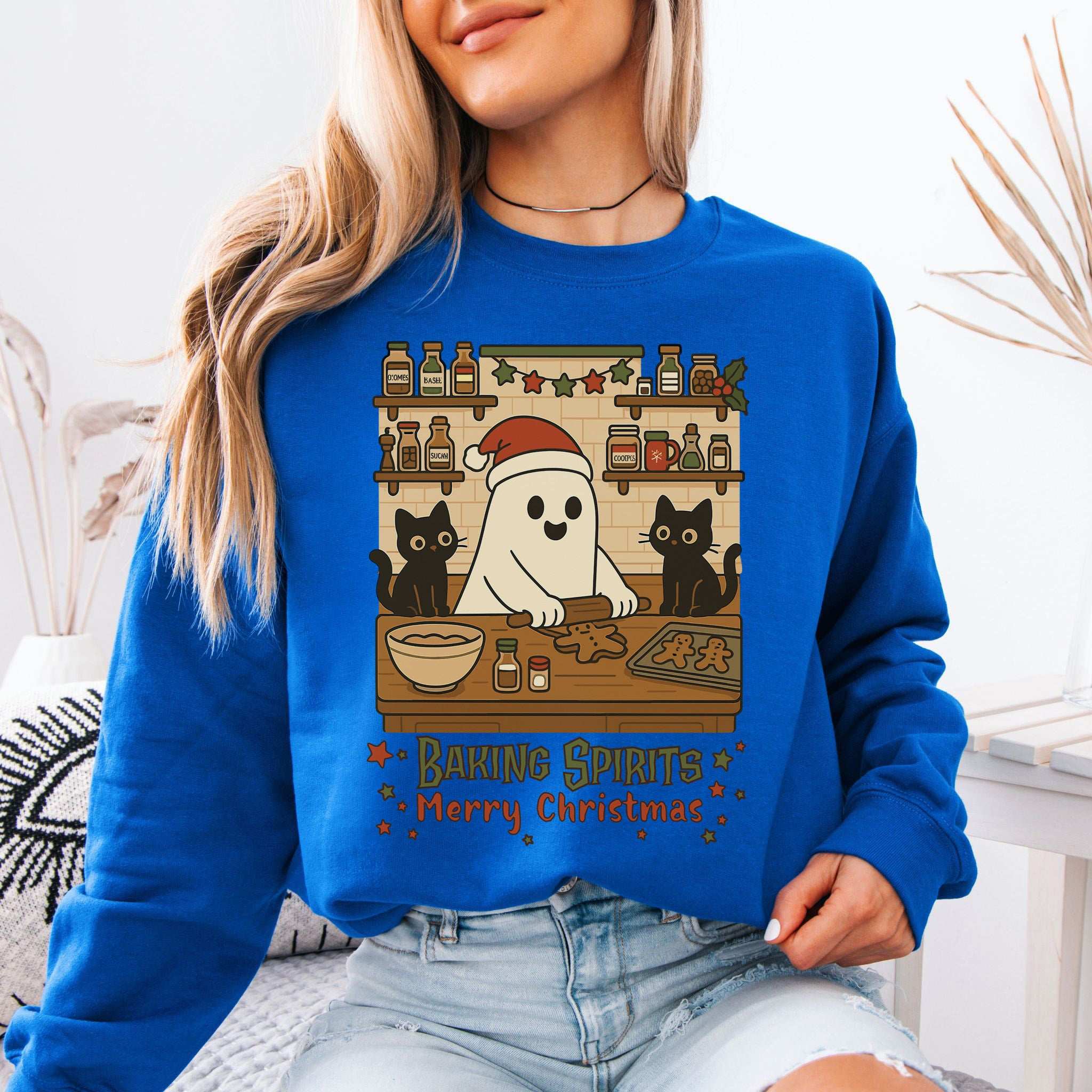 Baking Spirits Ghost & Cats Sweatshirt – Cute Gingerbread Christmas Vibes