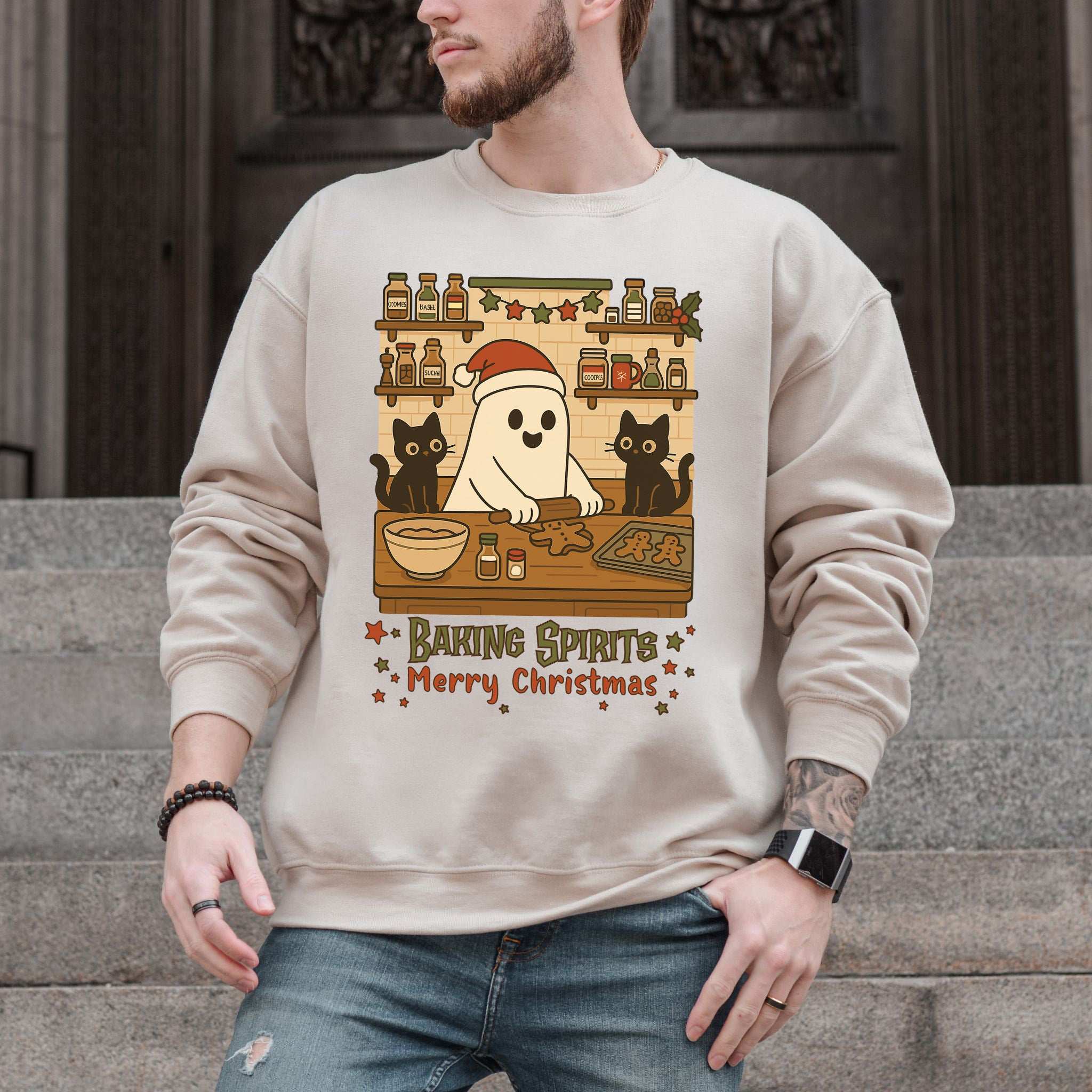 Baking Spirits Ghost & Cats Sweatshirt – Cute Gingerbread Christmas Vibes