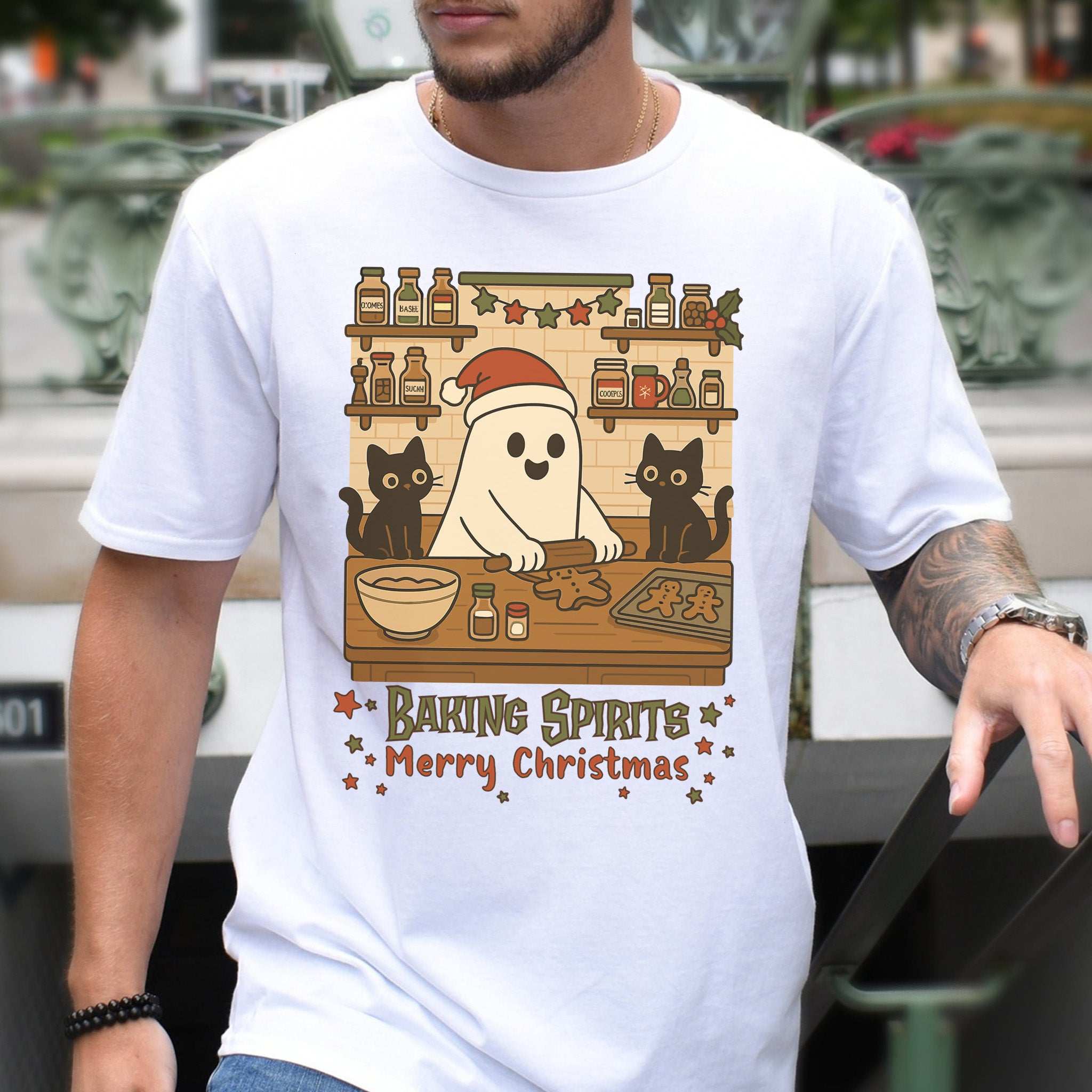 Baking Spirits Ghost & Cats T-Shirt – Cute Gingerbread Christmas Tee