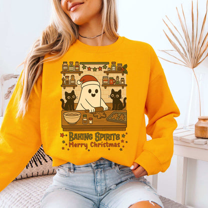 Baking Spirits Ghost & Cats Sweatshirt – Cute Gingerbread Christmas Vibes