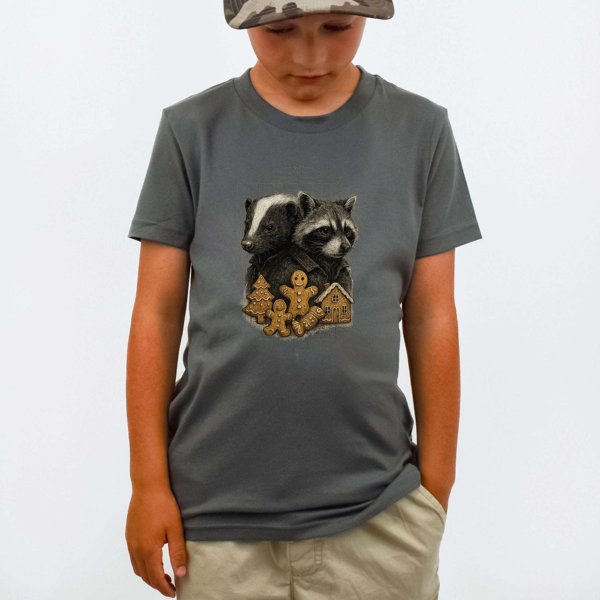 Skunk & Raccoon Christmas Youth T-Shirt – Forest Cookie Caper