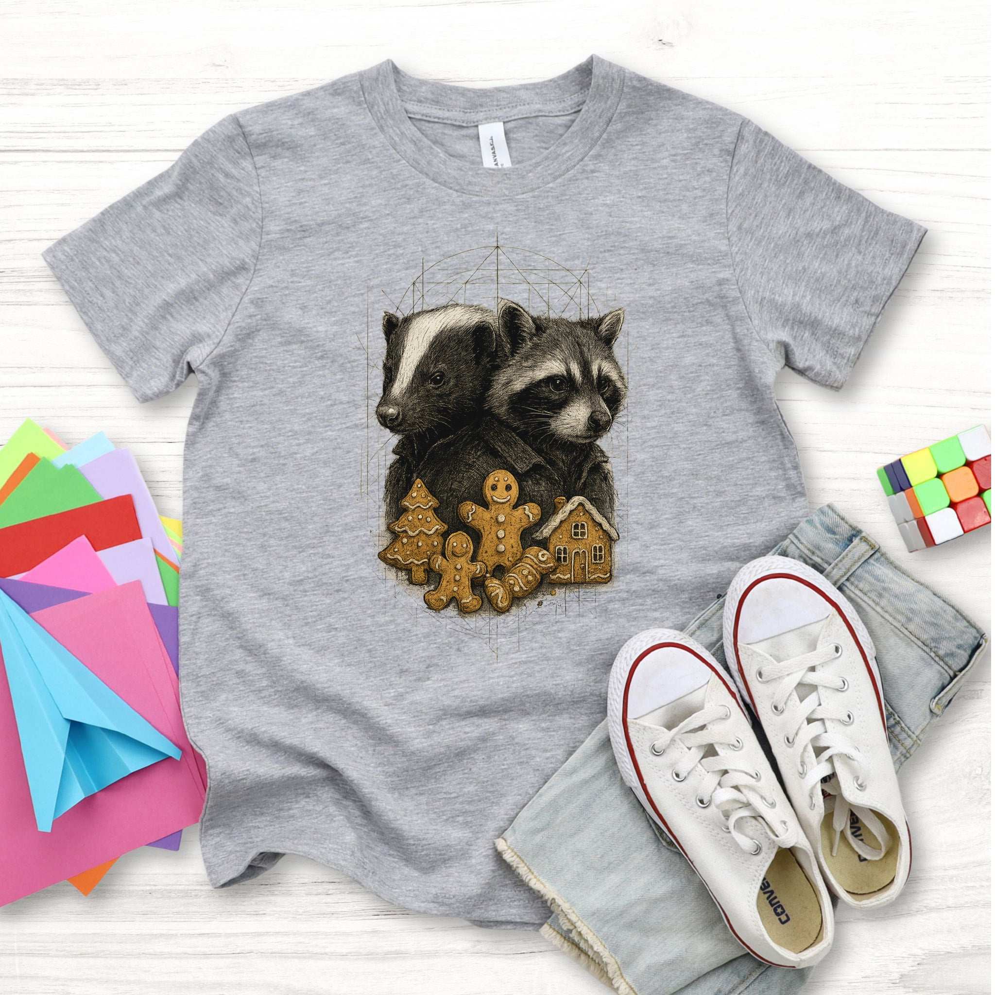 Skunk & Raccoon Christmas Youth T-Shirt – Forest Cookie Caper
