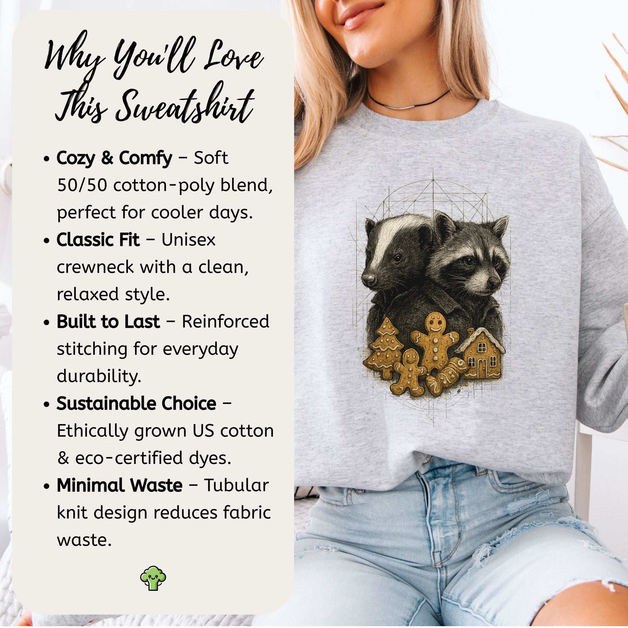 Skunk & Raccoon Christmas Sweatshirt – Gingerbread Mischief & Forest Charm