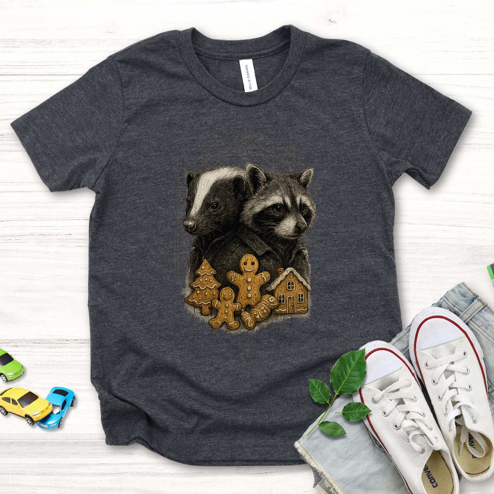 Skunk & Raccoon Christmas Youth T-Shirt – Forest Cookie Caper