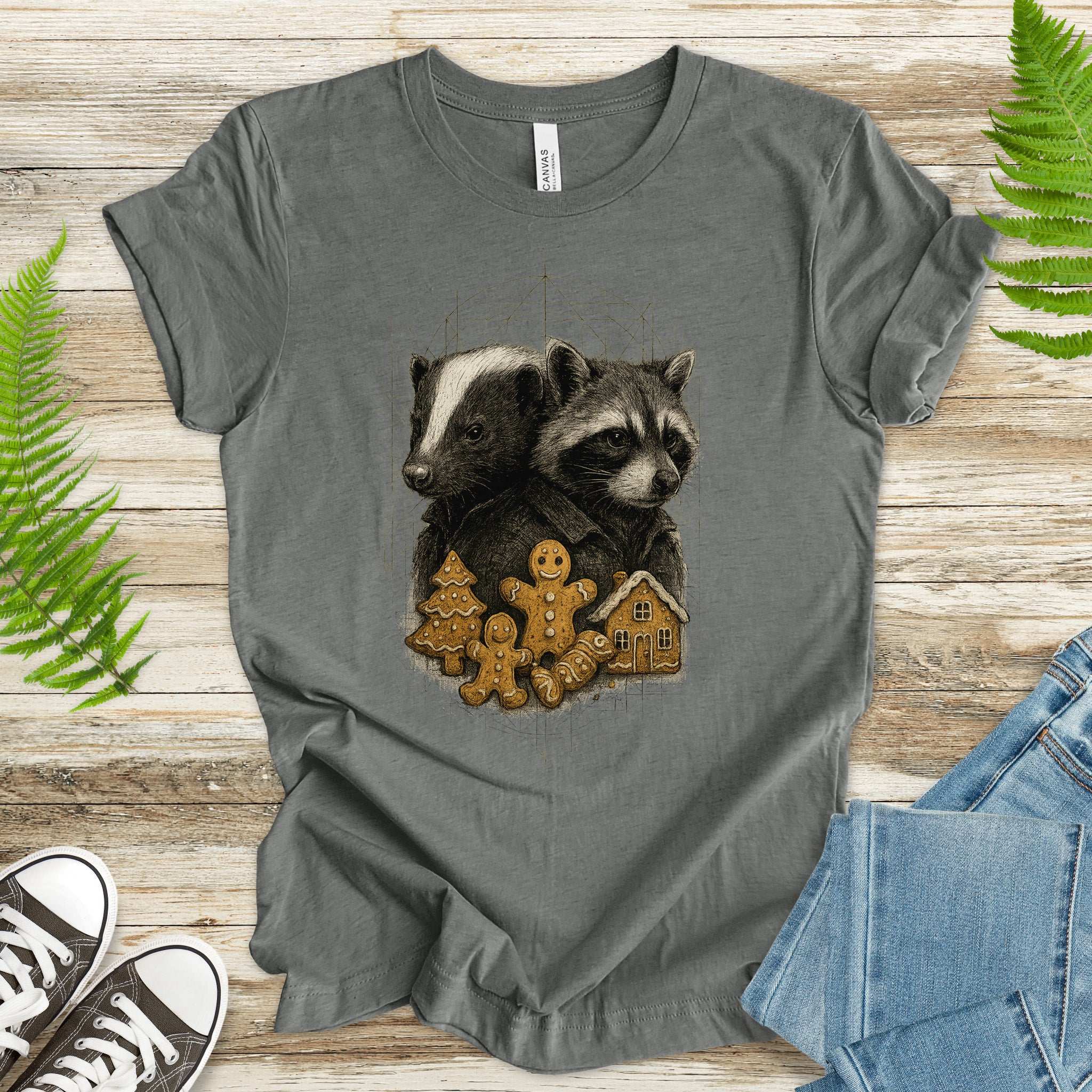 Skunk & Raccoon Christmas T-Shirt – Gingerbread Mischief & Forest Charm