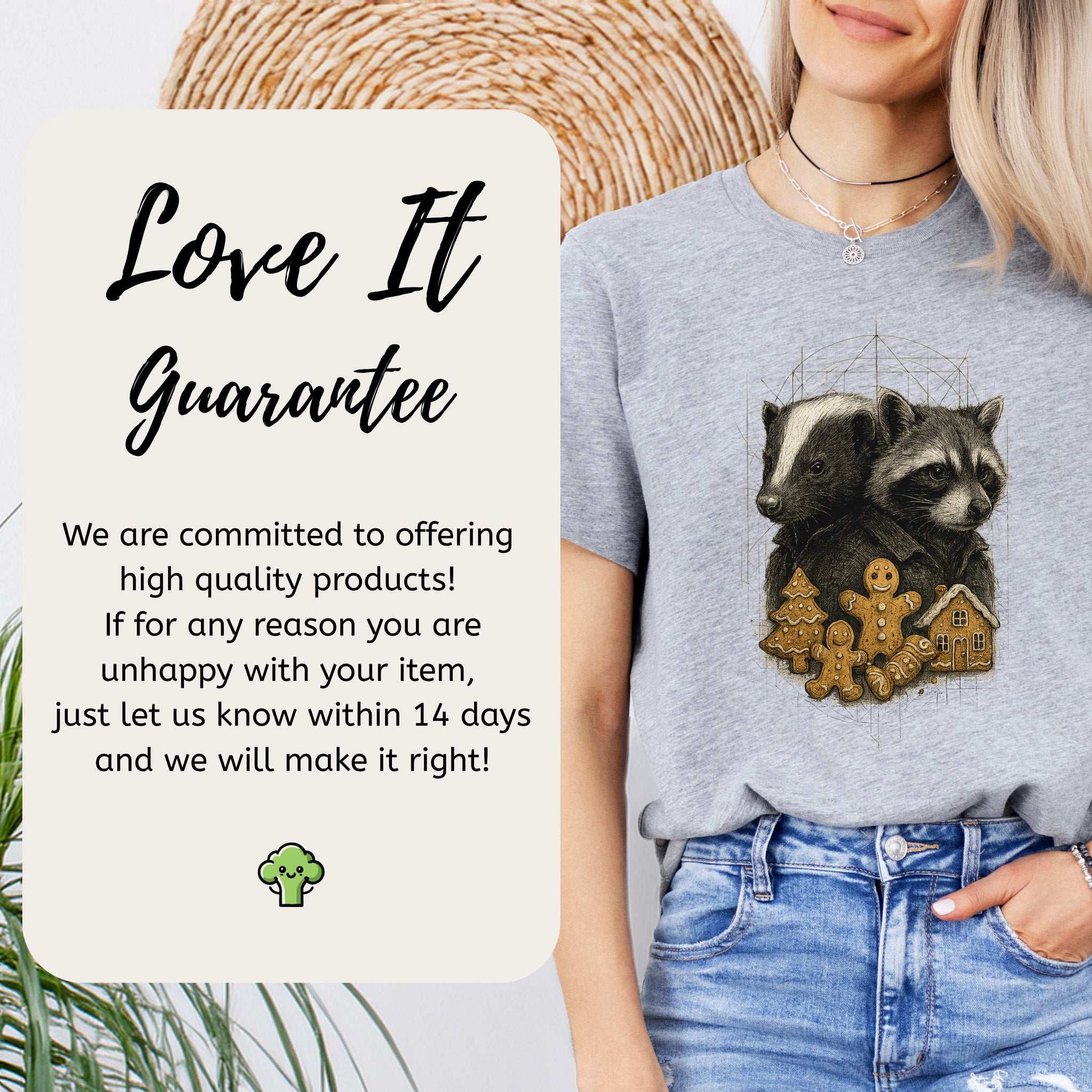 Skunk & Raccoon Christmas T-Shirt – Gingerbread Mischief & Forest Charm