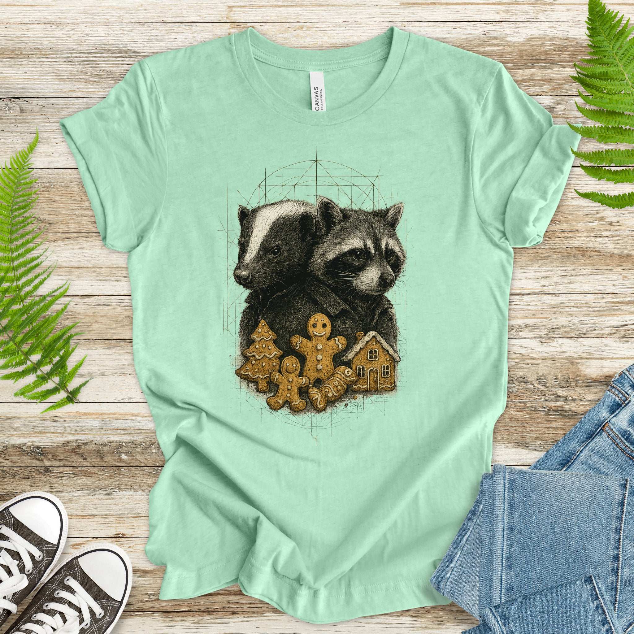 Skunk & Raccoon Christmas T-Shirt – Gingerbread Mischief & Forest Charm