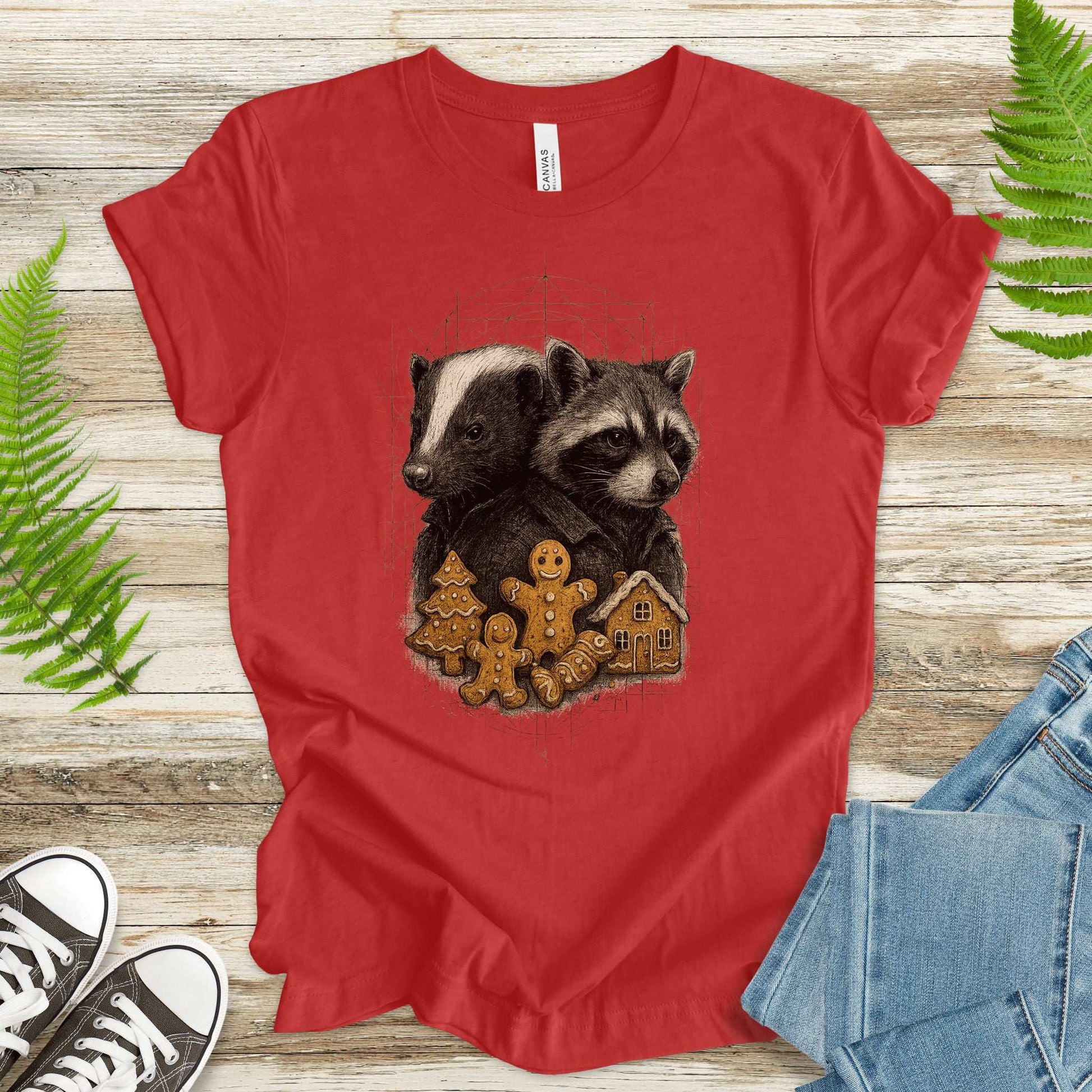 Skunk & Raccoon Christmas T-Shirt – Gingerbread Mischief & Forest Charm