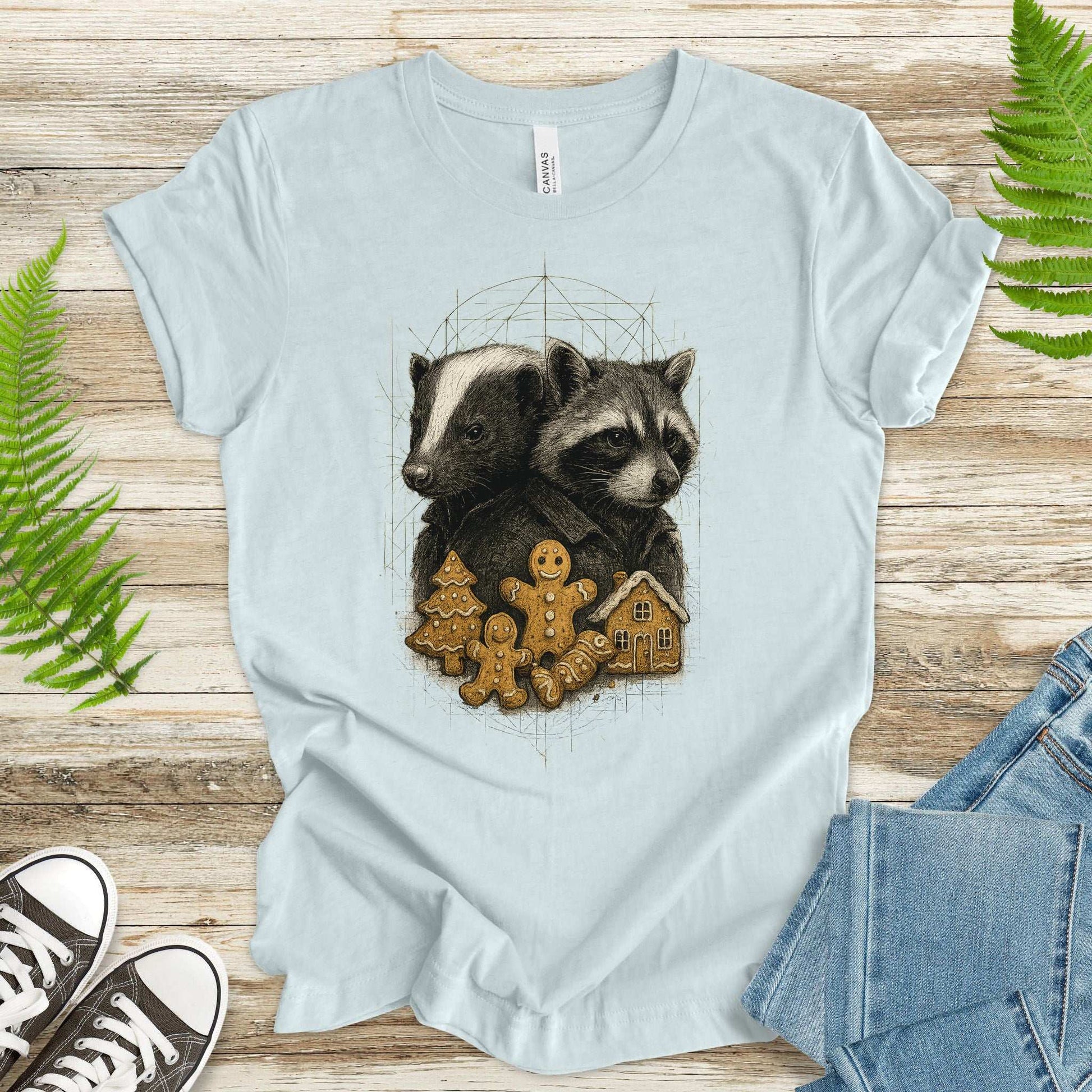 Skunk & Raccoon Christmas T-Shirt – Gingerbread Mischief & Forest Charm