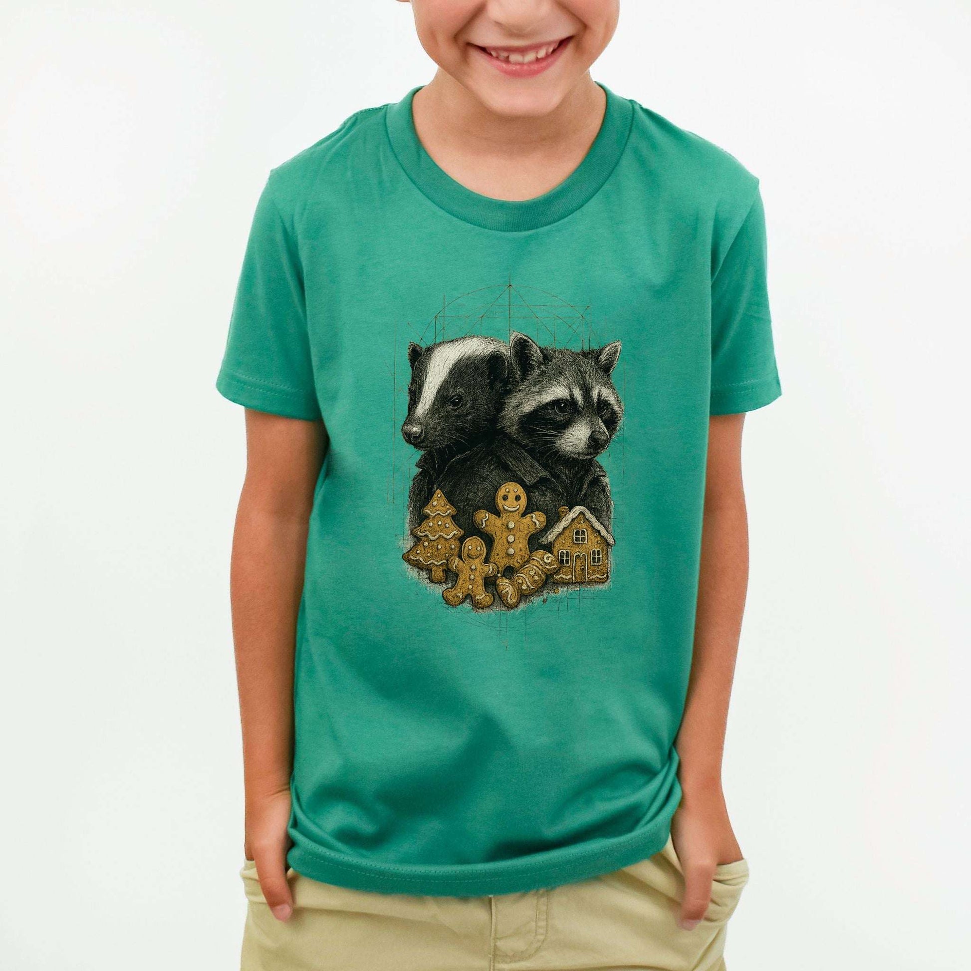 Skunk & Raccoon Christmas Youth T-Shirt – Forest Cookie Caper