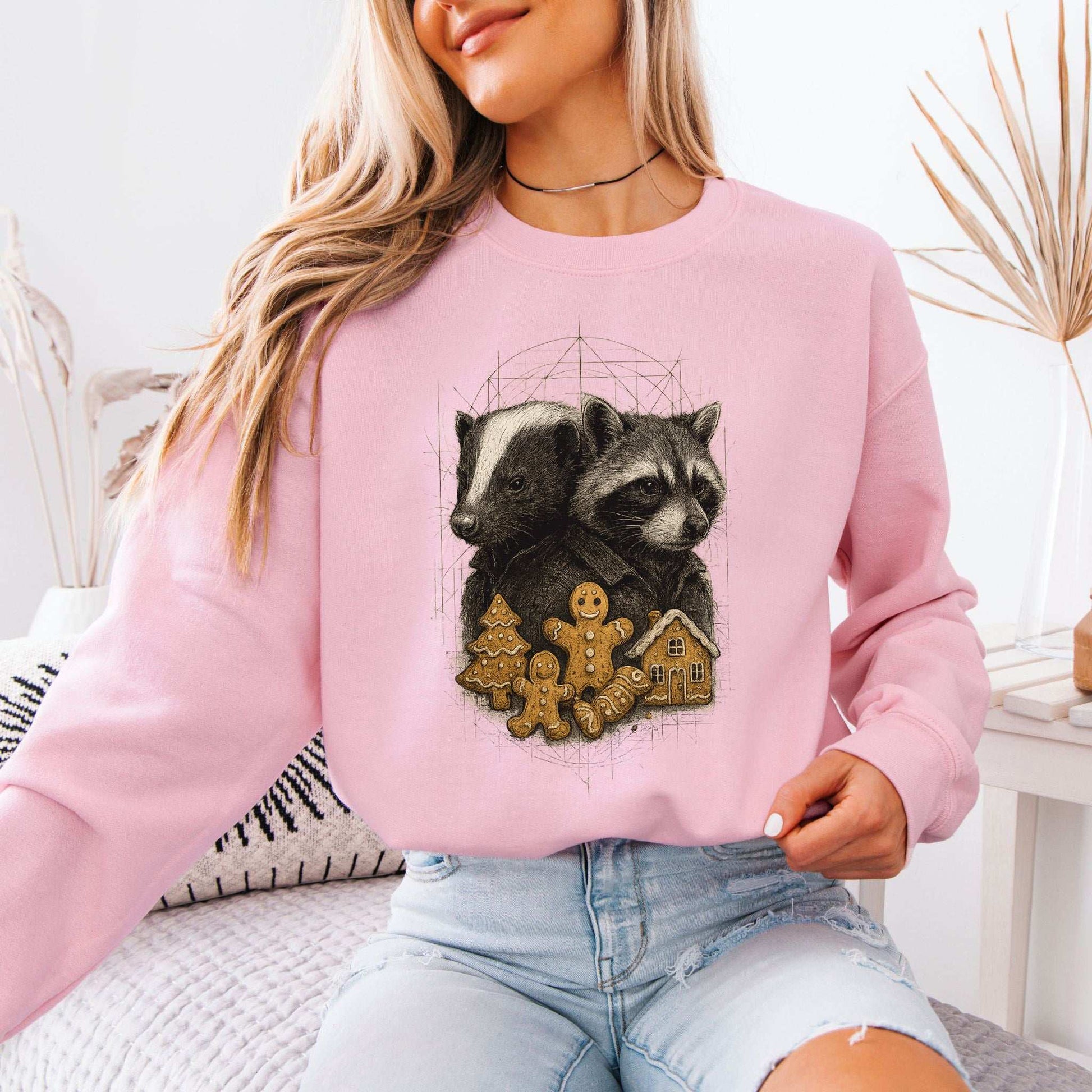 Skunk & Raccoon Christmas Sweatshirt – Gingerbread Mischief & Forest Charm