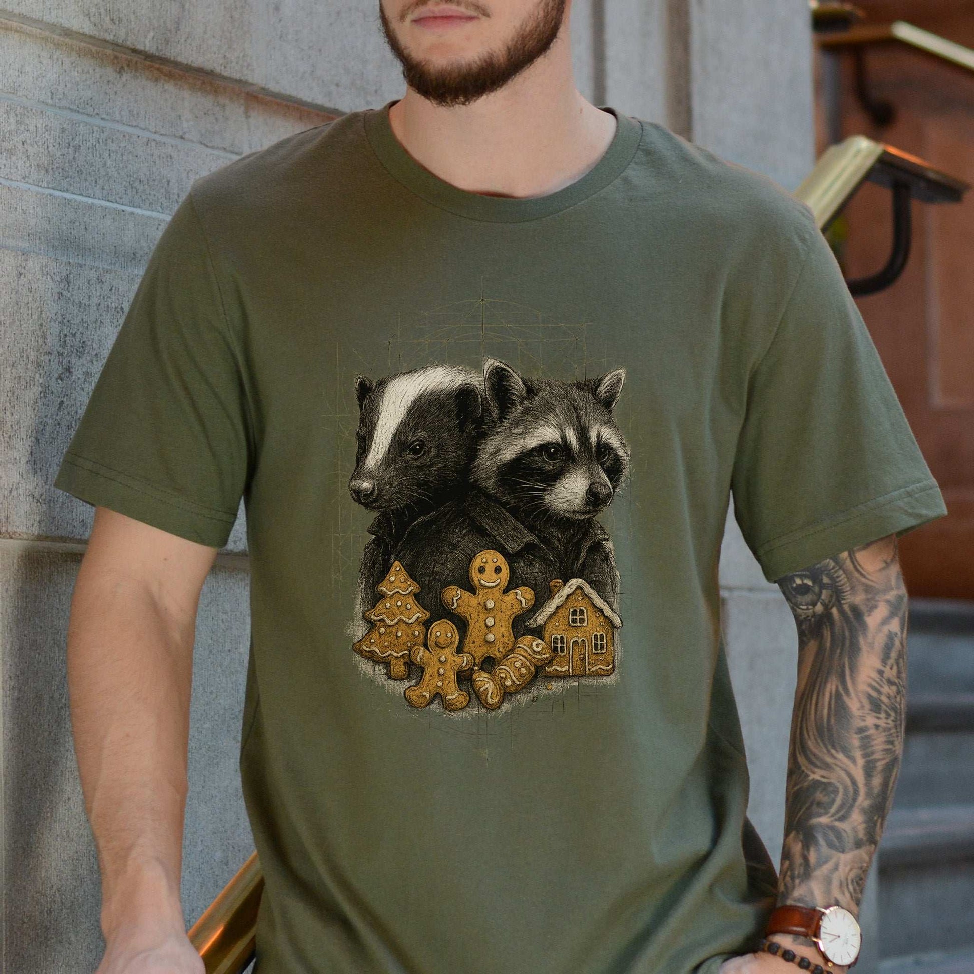 Skunk & Raccoon Christmas T-Shirt – Gingerbread Mischief & Forest Charm