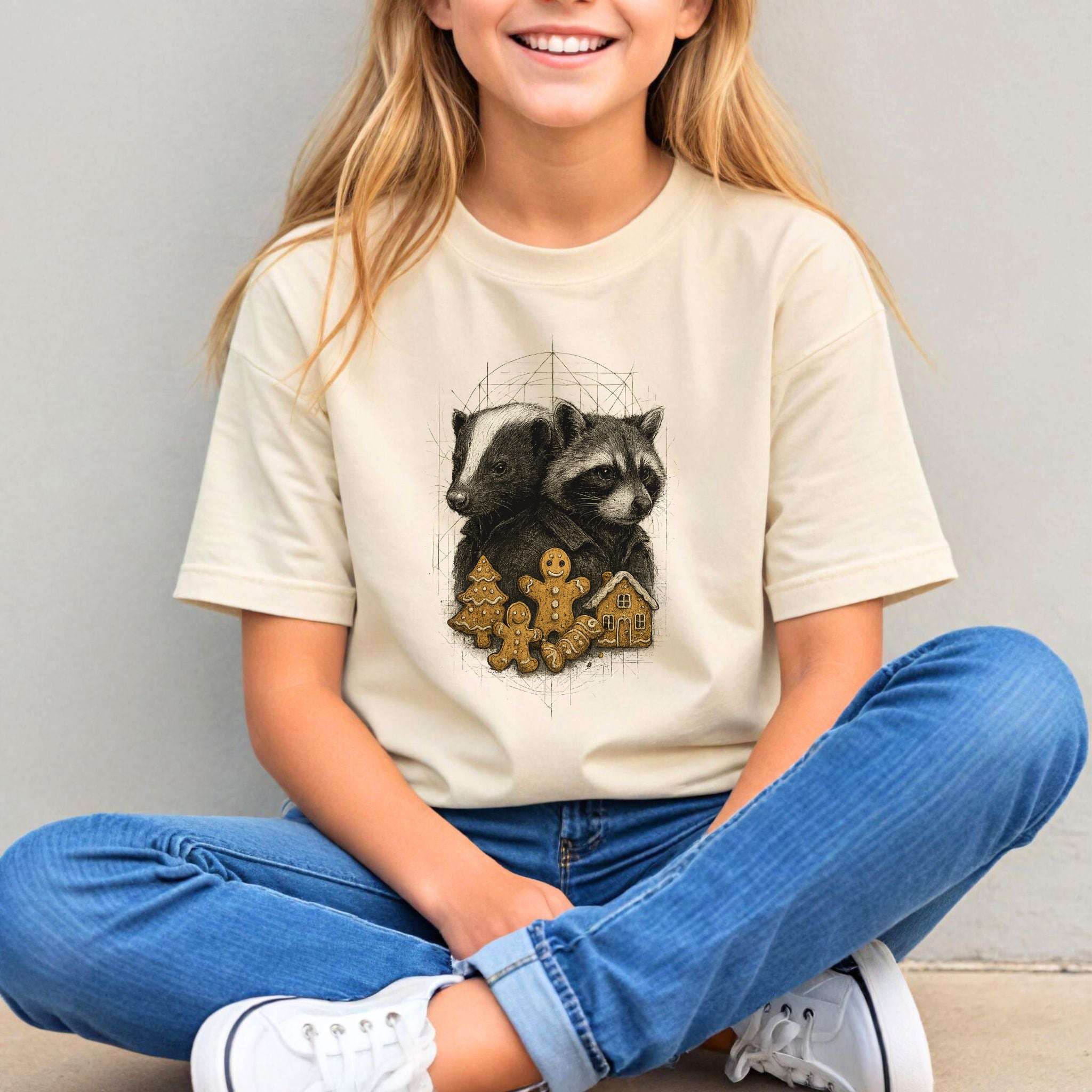 Skunk & Raccoon Christmas Youth T-Shirt – Forest Cookie Caper