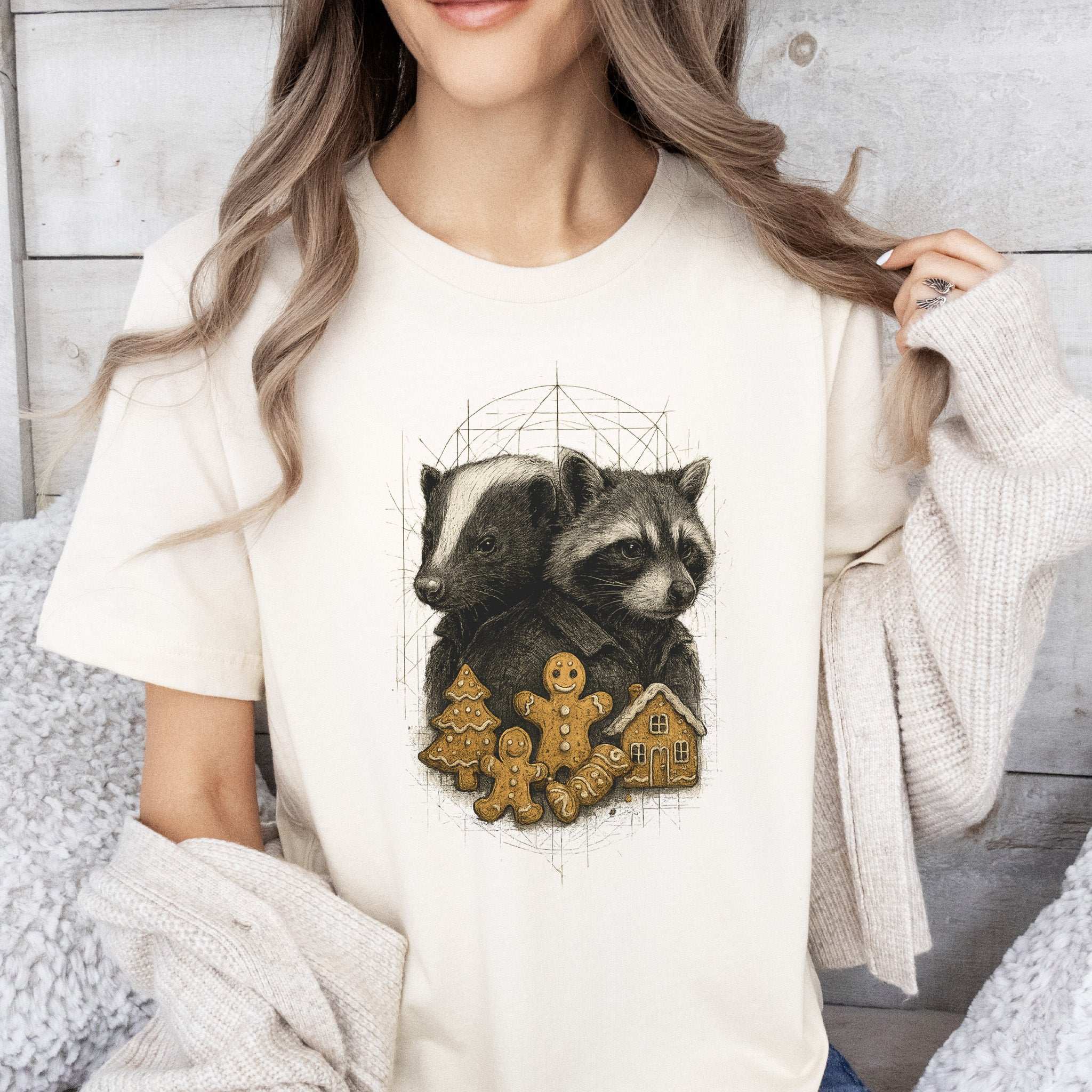 Skunk & Raccoon Christmas T-Shirt – Gingerbread Mischief & Forest Charm