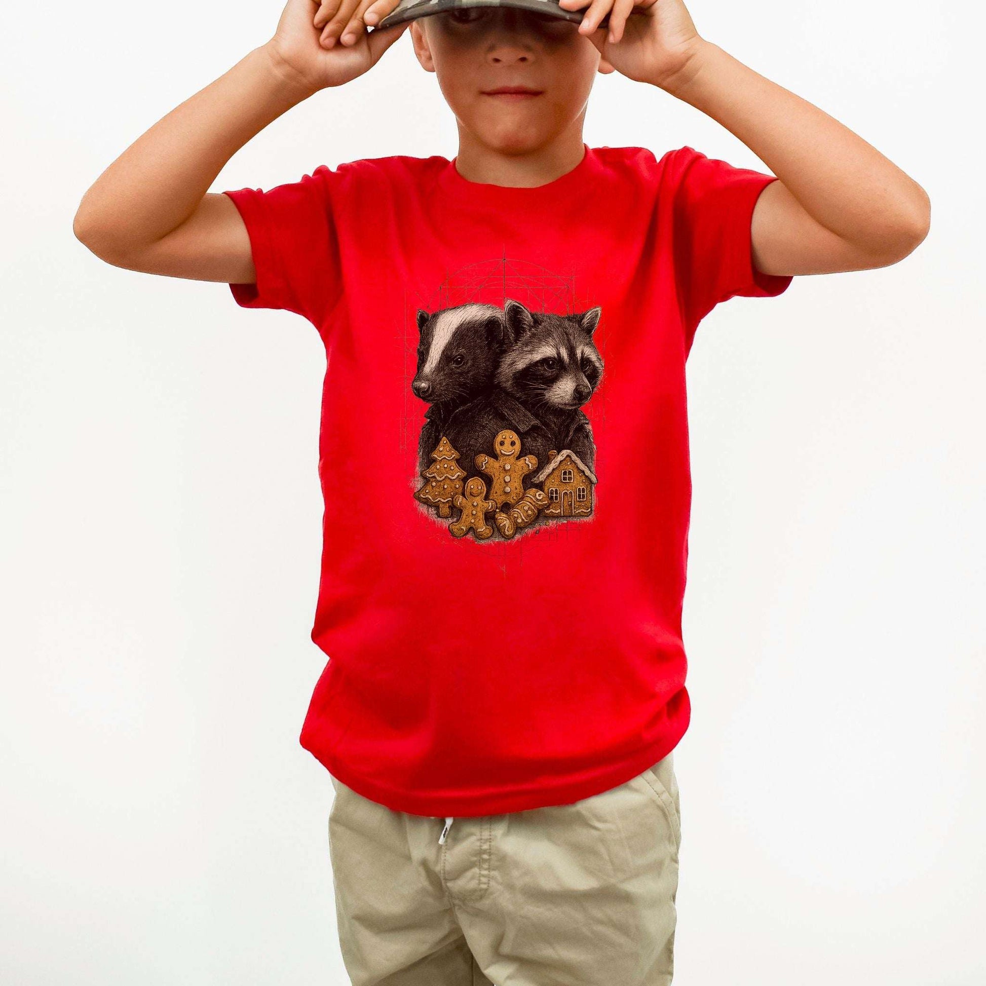 Skunk & Raccoon Christmas Youth T-Shirt – Forest Cookie Caper