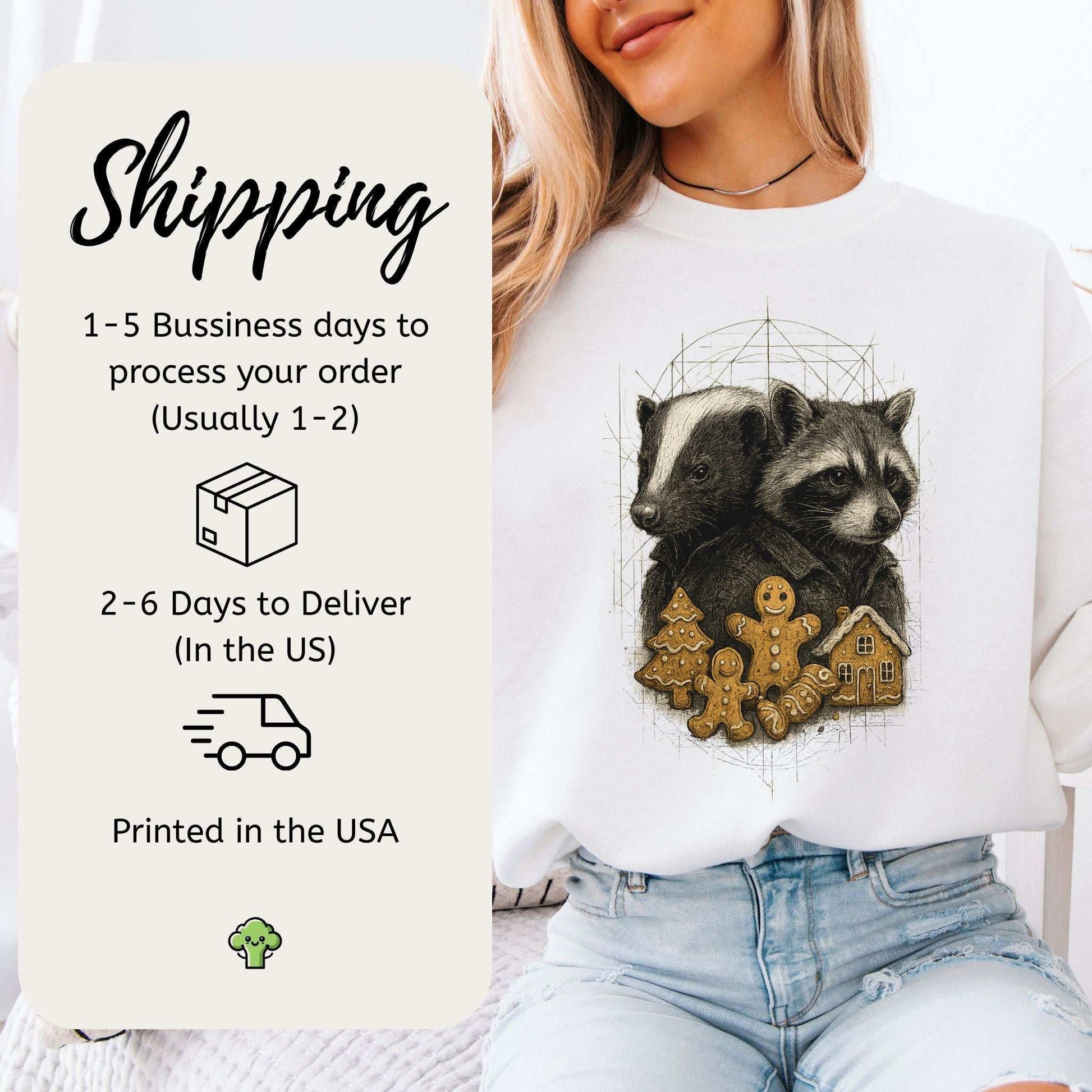 Skunk & Raccoon Christmas Sweatshirt – Gingerbread Mischief & Forest Charm